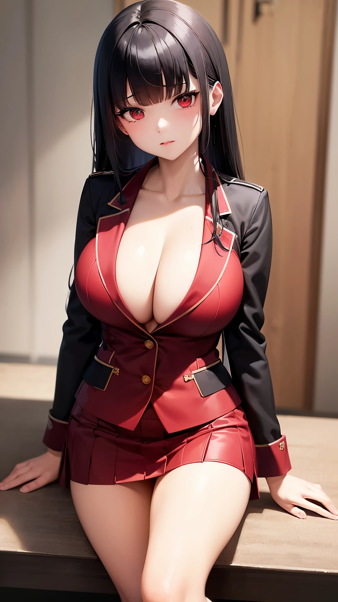 ((Best Quality)), ((masutepiece)), (Detailed), Perfect face a beauty girl cleavage of the breast red eyes long, thick black hair Blunt bangs red uniform blazer Black miniskirt To wear the standard clothes provided to female students at Private Hyakkao Academy