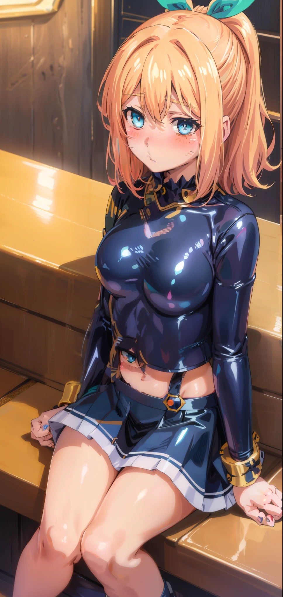 best quality, (masterpiece:1.2), detailed, medieval,
Rumia Tingel,
1girl, solo, ((blush)),
medium hair, blonde hair, short ponytail, blue eyes, green bow, x hair ornament,
((( blue eyes, ultra-detailed eyes))),
Dynamic pose, ((blush)), medium breasts, medium hair, background, perfect anatomy, healthy skin, glowing eyes, cat ears. ((((sitting in a bar)))). ((((( navel, healthy skin))))), confident. (((Latex shirt, latex skirt)))