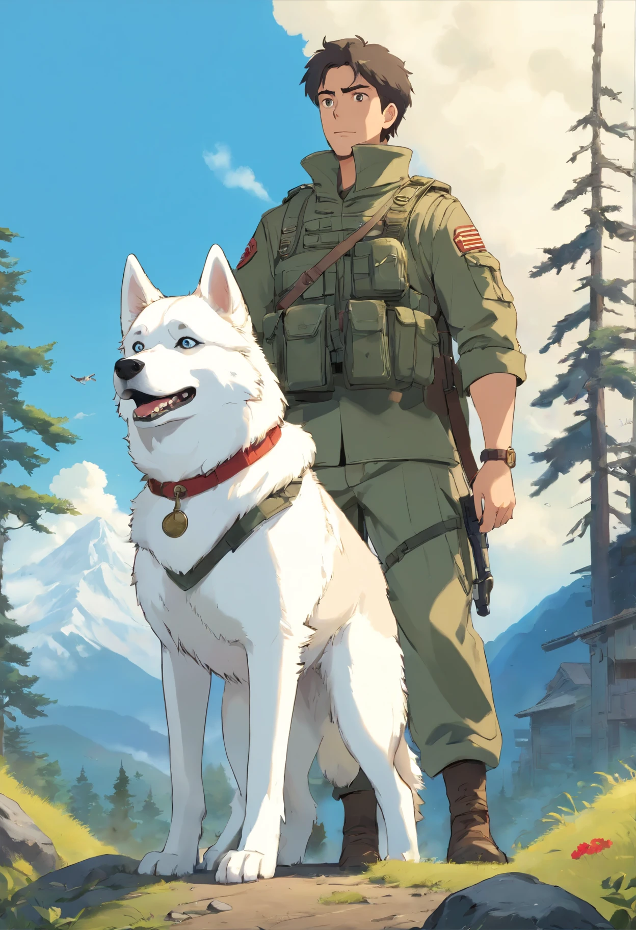 Homme barbue et robuste, military and armed outfit, debout, next to his dog, white siberian husky, paysage apocalypse zombie.
