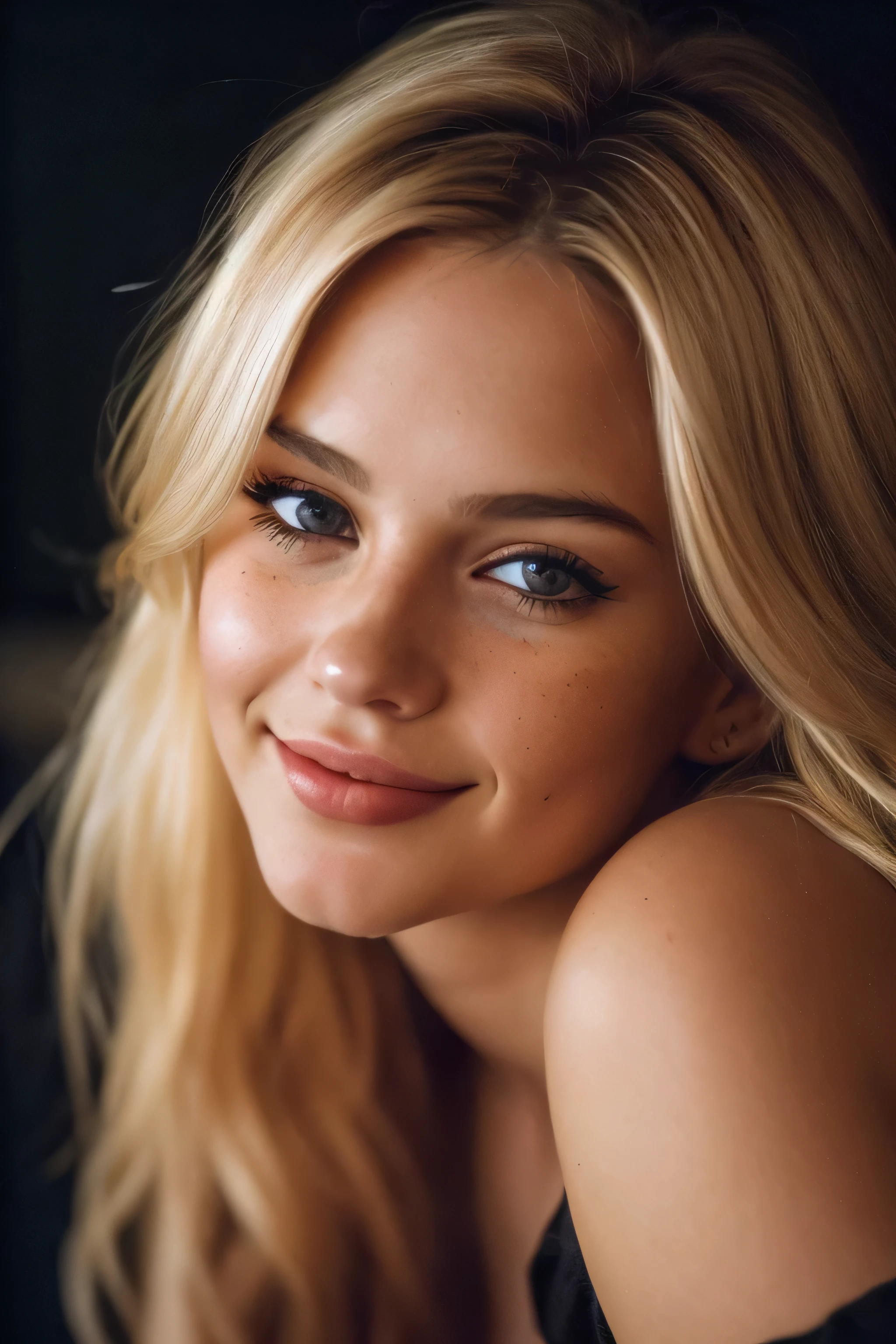 (close-up, editorial photograph of a 19 year blonde woman), blond hairbl, Brown eyes, solo, happy gin, 19yo, off-shoulder, Top Quality, masterpeace, extra high resolution, (highly detailed face:1.4) (smile:0.7) (background inside dark, moody, private study:1.3) POV, sexy look, by lee jeffries, nikon d850, film stock photograph ,4 kodak portra 400 ,camera f1.6 lens ,rich colors ,hyper realistic ,lifelike texture, dramatic lighting , cinestill 800,