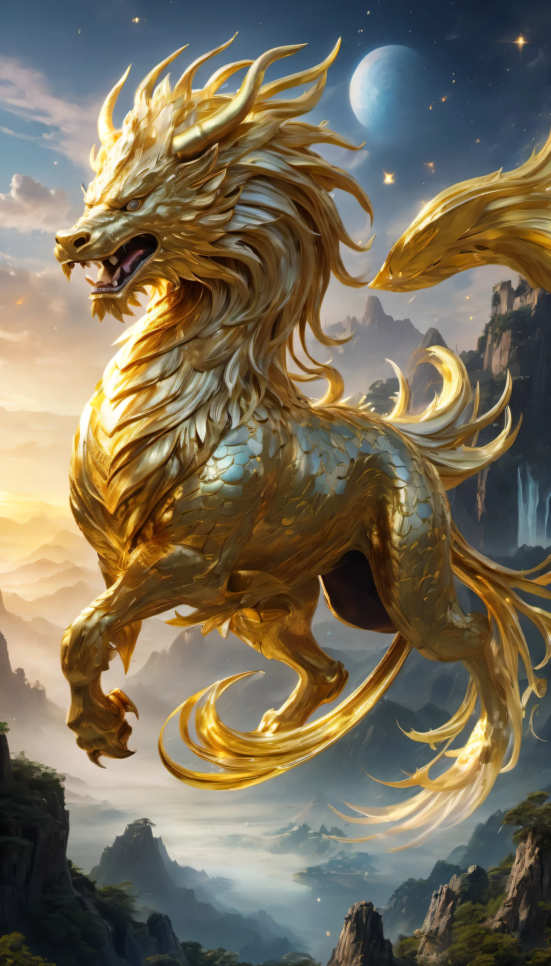 ((Golden:1.4)), (mythical creatures) , (sacred existence), (legendary creatures), (myth), (Kirin), (Xuanwu), (Qinglong), (white lake), (juke), (majestic), (powerful), (Mysteriouythical), (amazing), (magical), (ethereal), (It was magic), (sacred), (majestic), (mythical realm), (Mysteriouyth-like beastyth-like landscape), (sky), (extraordinary), (magic), (otherworldly), (Ancient), (eternal), (majestic), (Spectacular), (awe-inspiring), (universe), (on the sky), (mythical creatures:1.1), (amazing details), (very detailed), (Bright colors), (ethereal light), (amazing scenery), (divine essence), (fascinating), (mythical atmosphere), (masterpiece:1.2), (super detailed), (inspired by god), (wonderful), (ethereal beauty), (mythical storieysterious legends), ((in front:1.4))
