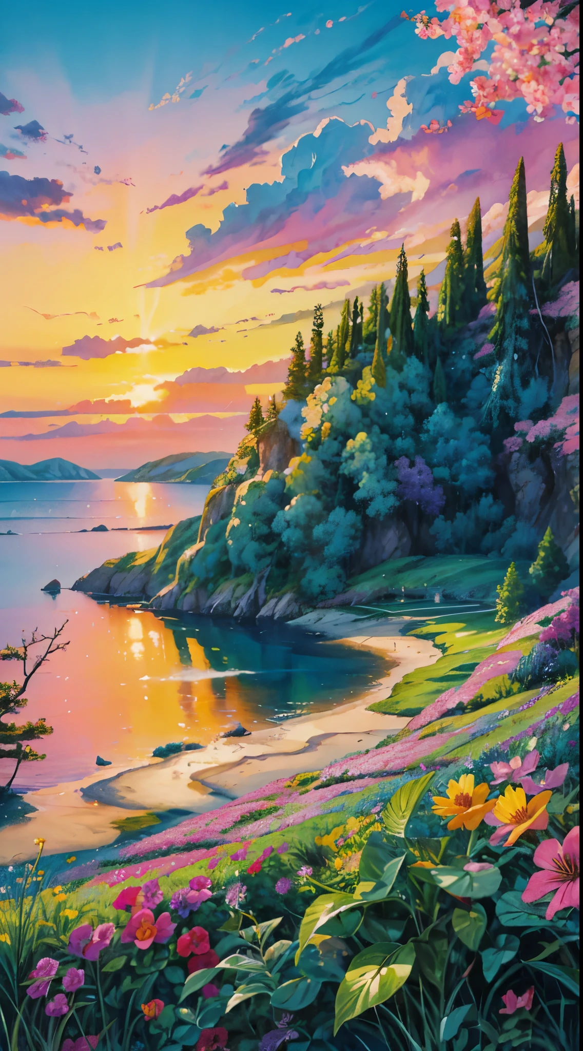 a painting of a sunset over a body of water, colorful landscape painting, floral sunset, vibrant gouache painting scenery, which shows a beach at sunset, dream scenery art, magical colorful flowers, scenic colorful environment, beautiful fantasy painting, nature wallpaper, romanticism landscape painting, beautiful art uhd 4 k, beautiful color art!, fantasy sea landscape, nature painting, fantasy landscape painting