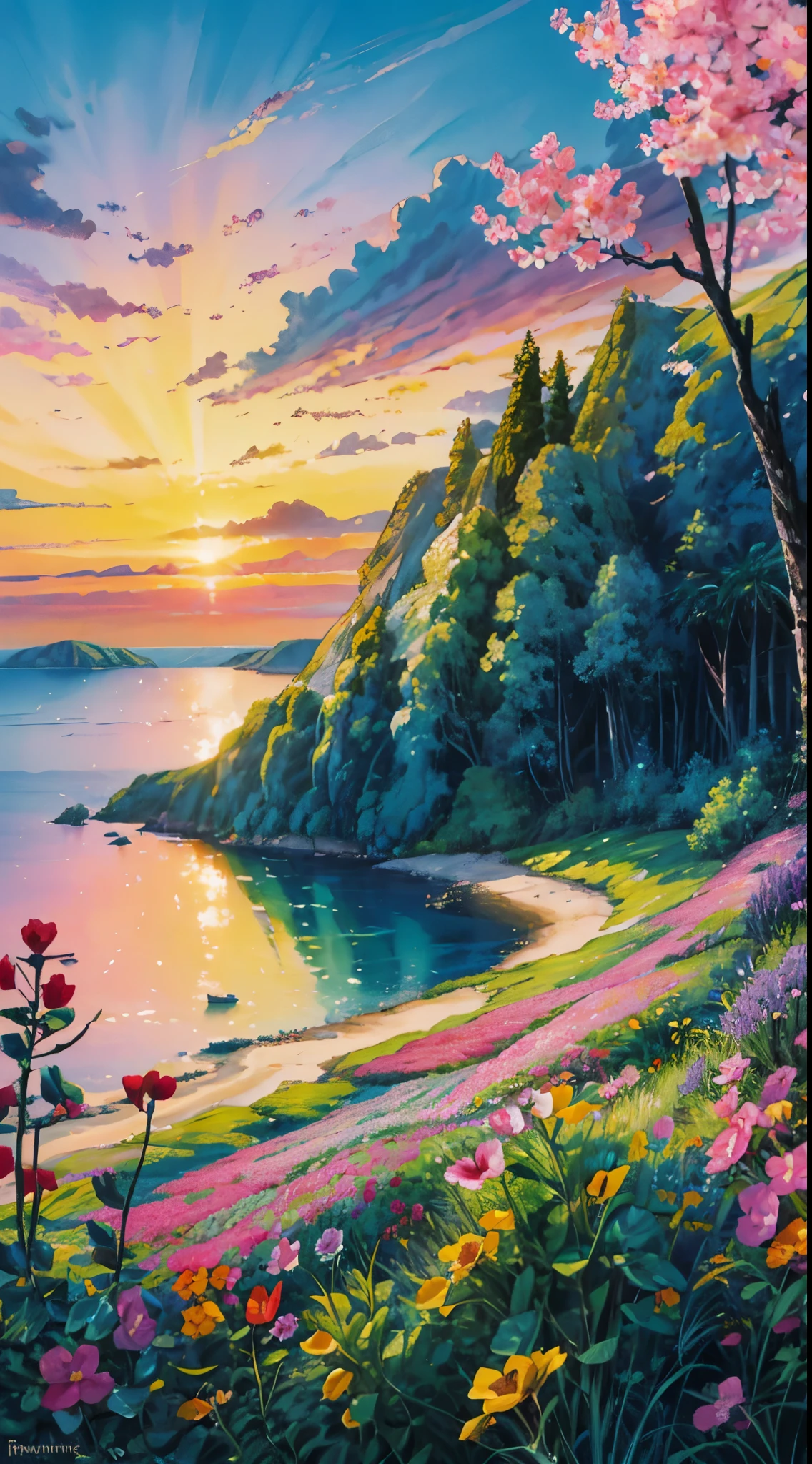 a painting of a sunset over a body of water, colorful landscape painting, flowers, flowers field, floral sunset, vibrant gouache painting scenery, which shows a beach at sunset, dream scenery art, magical colorful flowers, scenic colorful environment, beautiful fantasy painting, nature wallpaper, romanticism landscape painting, beautiful art uhd 4 k, beautiful color art!, fantasy sea landscape, nature painting, fantasy landscape painting