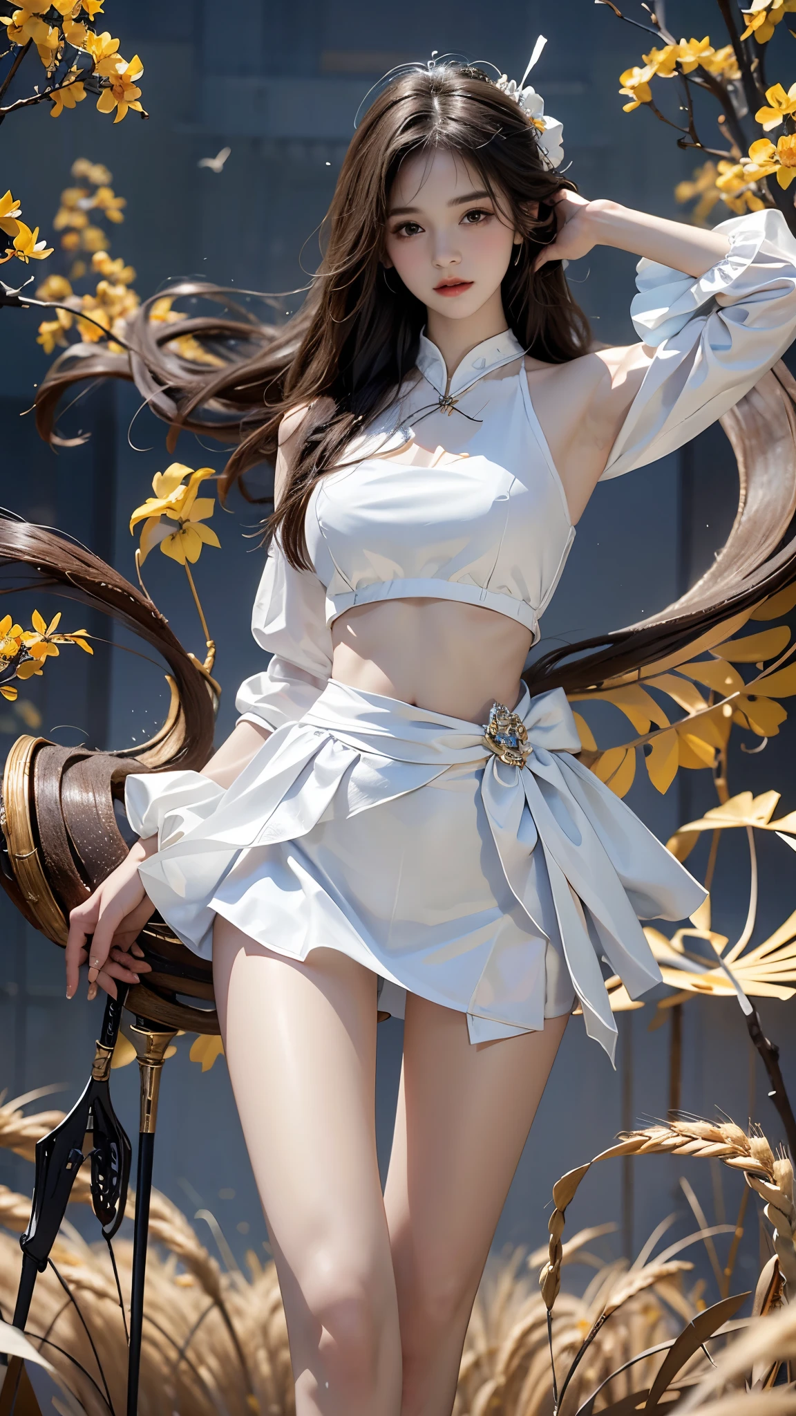 1girl，short skirt，Two piece fashionable outfit, masterpiece，best quality，high质量，high清晰度，high质量的纹理，high质量的阴影，high细节，beautiful details，fine details，Extremely detailed CG，Detailed texture，lifelike的面部表现，lifelike的，rich and colorful，exquisite，sharp focus，(intricate detailake up，PureErosFace_V1:0.5)，(细节美exquisite脸，(细节美exquisite眼睛)，Perfect比例的脸，highDetails of the skin，Details of the skin，Four fingers and one thumb in optimal proportions，emaciated:1.3)，1 girl，，high，(光滑的abdominal muscles:1.55)，(abdominal muscles:0.5)，pretty，Perfect，high，((bare shoulders)), ((The skirt is short)), (long legs)，(straight legs)，(thin waist)，((White skin))，White skin，((White skin))，(emma watson)，Big breasts，((Caucasian))，light blonde hair，Stand with legs apart，looking at the audience，whole body，Portrait of cute blonde girl，((Standing in the wheat field,Look into the distance))，bloom，orange mist，sports，Wisps of hair，lifelike，high品质渲染，amazing art，high品质，film texture，Fujifilm XT3，dream