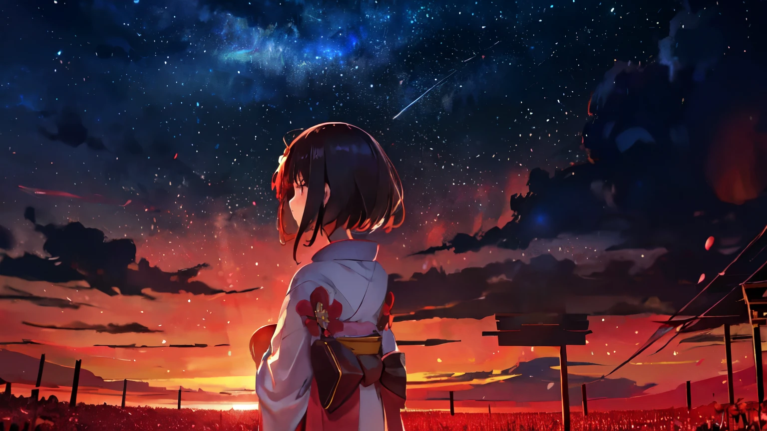 1 girl, distant girl wearing a kimono staring at the performer, (zoomed out:1.1), (Meteors:1.2), (comet:1.1), yourname, Low - Angle, from behind, Alola, shooting star, yukata, red kimono, cherry blossoms, Standing in the field,highest quality, masterpiece, cloud,colorful, starry sky,performer,