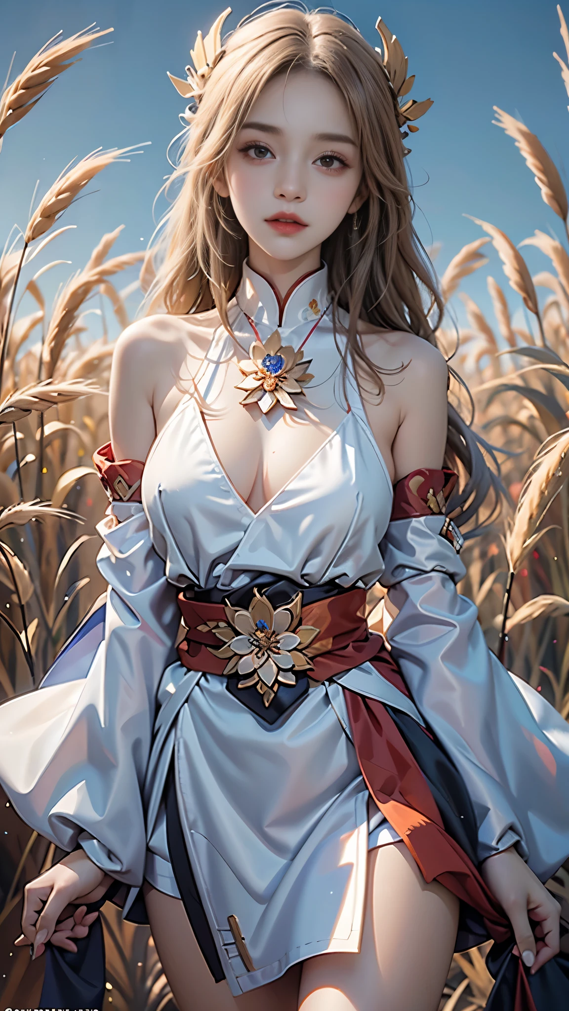 yae_miko, masterpiece,best quality,high质量,high清晰度,high质量的纹理,high质量的阴影,high细节,beautiful details,fine details,Extremely detailed CG,Detailed texture,lifelike的面部表现,lifelike的,rich and colorful,exquisite,sharp focus,(intricate detailake up,PureErosFace_V1:0.5),(细节美exquisite脸,(细节美exquisite眼睛),Perfect比例的脸,highDetails of the skin,Details of the skin,Four fingers and one thumb in optimal proportions,emaciated:1.3),1 girl,,high,(光滑的abdominal muscles:1.55),(abdominal muscles:0.5),pretty,Perfect,high,((bare shoulders)), ((The skirt is short)), (long legs),(straight legs),(thin waist),((White skin)),White skin,((White skin)),(emma watson),Big breasts,((Caucasian)),light blonde hair,Stand with legs apart,looking at the audience,whole body,Portrait of cute blonde girl,((Standing in the wheat field,Look into the distance)),bloom,orange mist,sports,Wisps of hair,lifelike,high品质渲染,amazing art,high品质,film texture,Fujifilm XT3,dream