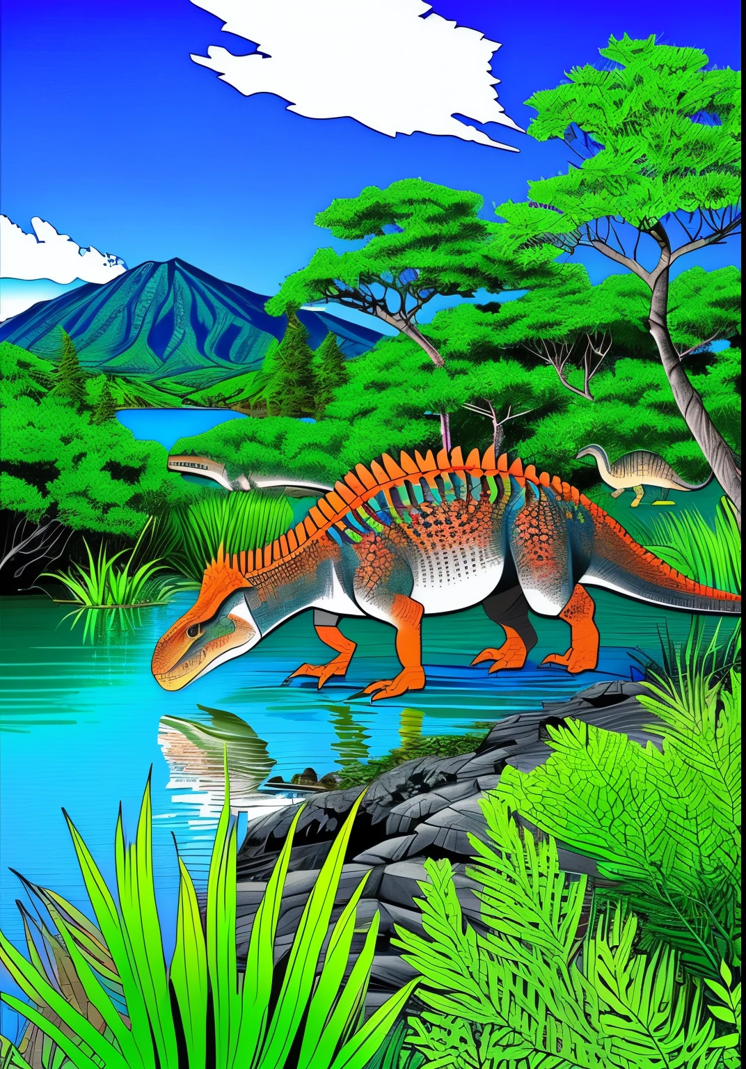 Generate a coloring page of a realistic dinosaur with vegetation and water. only black lines.