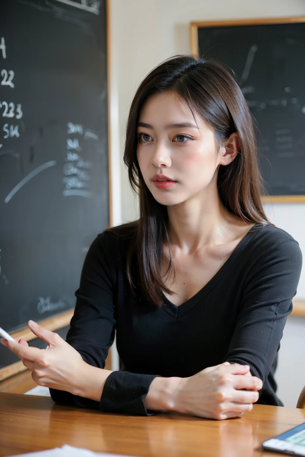 ((best quality)), ((masterpiece)), (detailed), perfect face，Beautiful teacher giving lecture at blackboard，student，