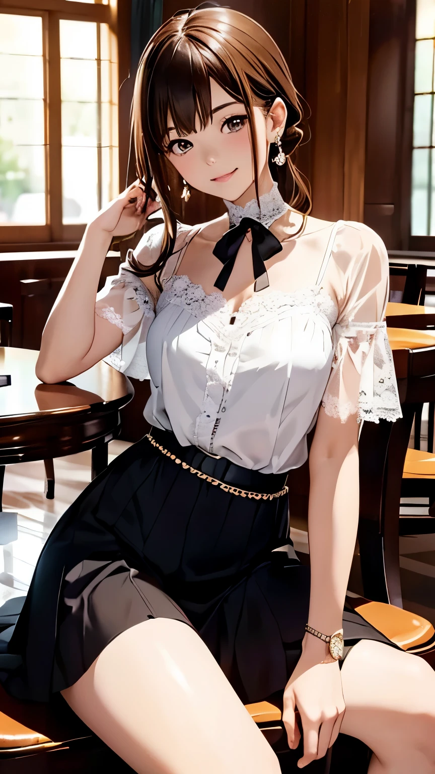 highest quality、High resolution、detailed background、Beautiful and dense face、beautiful and smooth skin、skin texture、cute10代の美少女、(three women)、realistic、perfect body line、braided ponytail、cute髪型、Calm atmosphere、
happy look、smile、laughter、sexual expression、Upper body、Tea time at the cafe、(three womenが可愛いカフェでおしゃべりを楽しみながらケーキやスイーツを味わう:1.5)、
Choose white or pastel colors for lace tops and flared skirts...、sandals or heels、
If the lace top is transparent, You can wear it elegantly even when layered with an inner camisole.。..、
Choose a lace blouse in a soft color and add feminine movement with a pleated skirt.、
Adding lace to the sleeves and collar of the blouse makes it even more cute.、
Choose a colorful lace camisole、Add elegance with a midi skirt、cute、Simple and elegant pearl earrings、delicate chain necklace、
A watch that gives an elegant and sophisticated impression、It is a good idea to choose a design that matches your taste and clothing...、leather belt, metal belt、
A simple bracelet that looks great on your wrist、Thin chain and simple design、thin ring on fingertip、Pay attention to proper balance and layering、cute