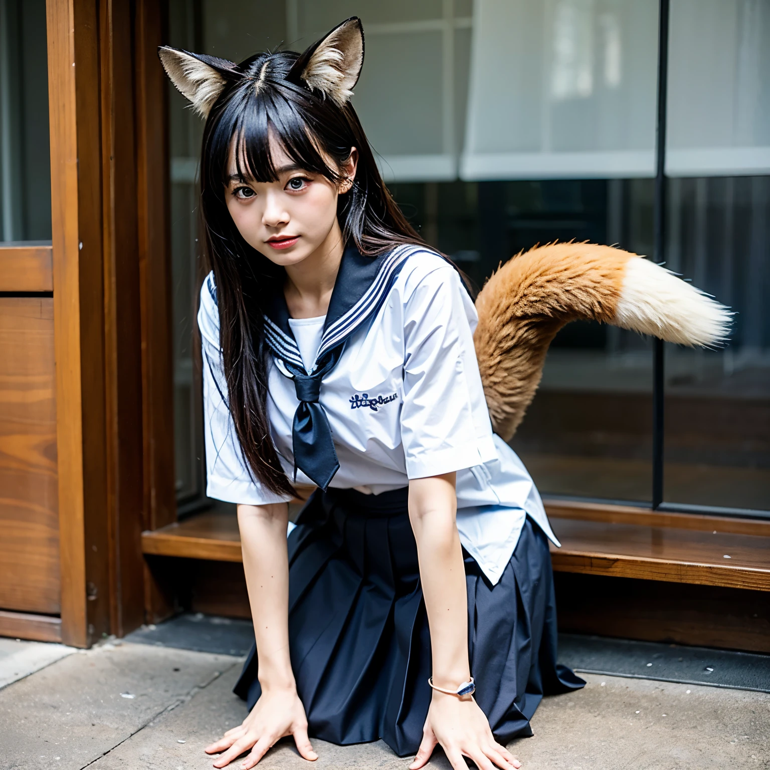 Girl with a furry しっぽ , fox tail, Bushy Tail, collared shirt,table top, 最high quality, figure, ultra-de tail ed, finede tail, High resolution, 8k wallpaper, 完璧なダイナミックな構figure, Beautiful deしっぽed eyes,Full body shot，Show me your whole body、thin and transparent、long gray hair, ,smile,Harajuku、18 year old girl、eyeliner、beautiful bangs、hair between eyes、最high quality、ultra-de tail liert、film light、intricate-deしっぽ、High resolution、ighly deしっぽed))、detailed background、8KUHD、Digital single-lens reflex camera、soft light、high quality、film grain、Fujifilm XT3 、shallow depth of field、natural soft light、Kamimei、I looked at my knees., sexy shot looking at camera、on the leg、Full body shot facing the camera、look back、(The fox tail that grows out pushes up the hem of the skirt and stands tall.:1.9)、(The tail growing from her butt is sticking out from the hem of her skirt.:1.9)、(the tail is attached to her butt:1.9), (She has a fox tail on her butt.:1.9)