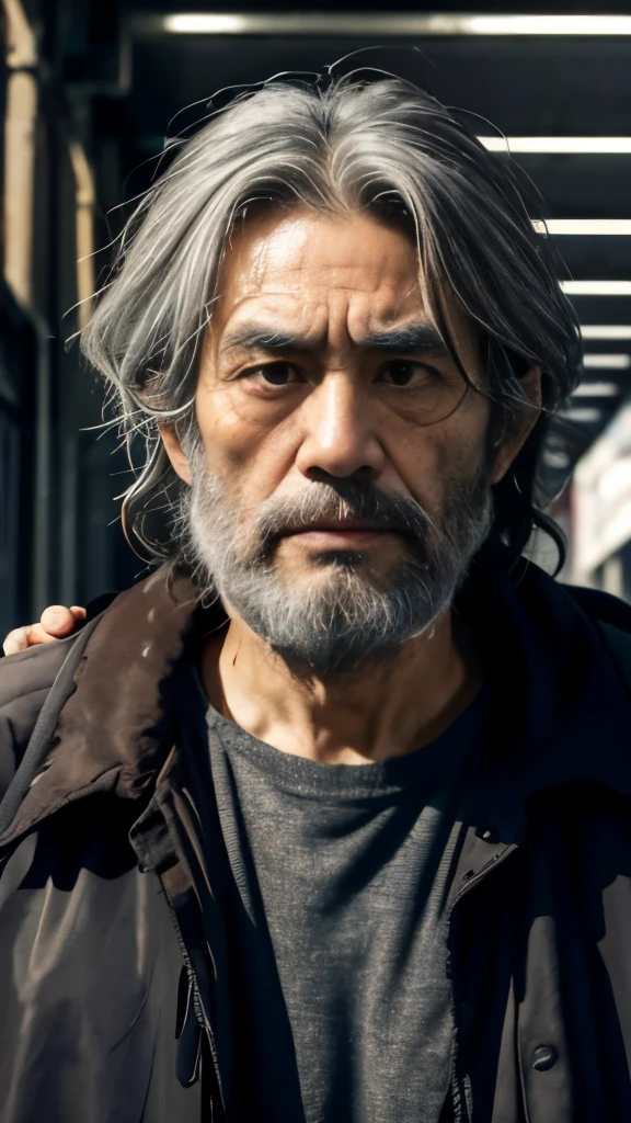 an unkempt, 71 years-old homeless man, Asian ethnicity, greying shaggy hair, furrowed eyebrows, tired eyes, prominent nose, thin lips, unkempt long beard, wearing a tattered, oversized coat, carrying a large backpack, standing under bright light illuminating his face, realistic high-quality image, upper body shot