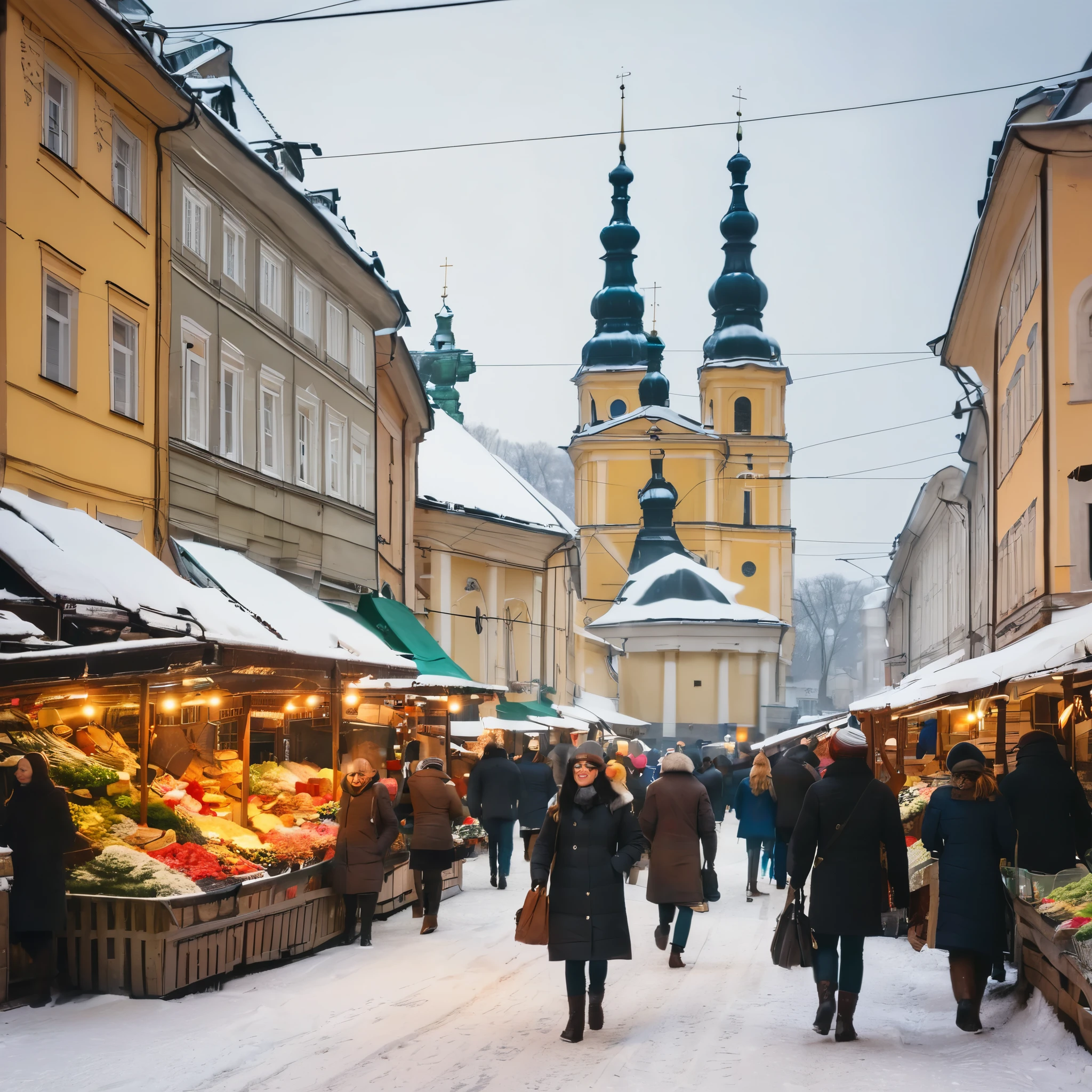 people walking down a snowy street in front of a church, shutterstock, lviv, lviv historic centre, market, stock photo, slovakia, by Josef Navrátil, by Antoni Brodowski, street market, by karolis strautniekas, by Kazimierz Wojniakowski