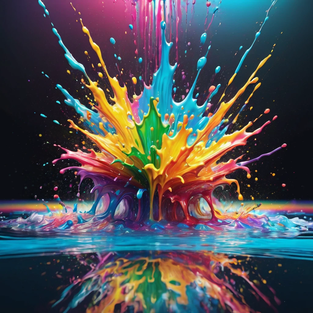Reflection, aesthetic, extremely detailed, Rainbow explosion with reflection in water, made of coloured particles, high contrast: COLORFUL: 3D: ultra-fine details: dramatic lighting: splash art: professional photography, ZBrushCentral: finalRender: sharp focus: Unreal Engine 5 Trending on Artstation drip art fluid acrylics