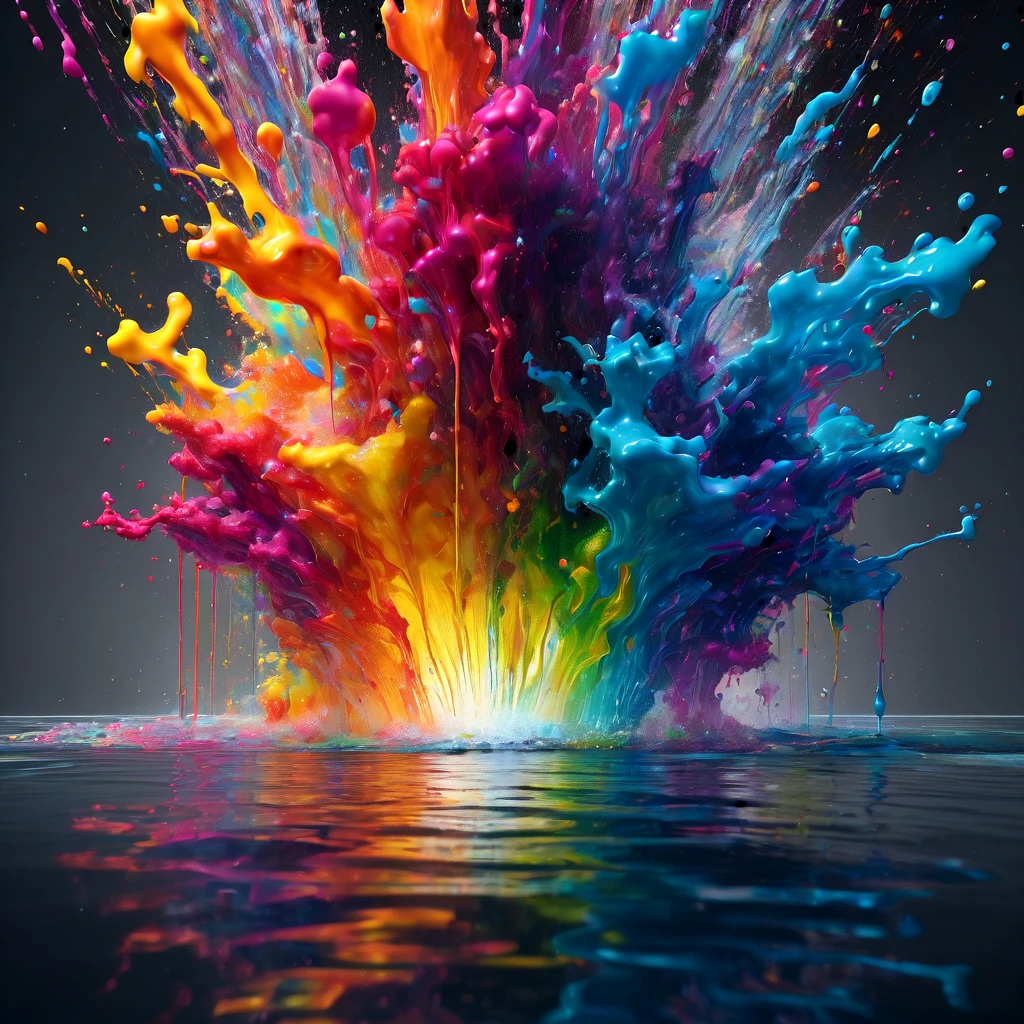 Reflection, aesthetic, extremely detailed, Rainbow explosion with reflection in water, made of coloured particles, high contrast: COLORFUL: 3D: ultra-fine details: dramatic lighting: splash art: professional photography, ZBrushCentral: finalRender: sharp focus: Unreal Engine 5 Trending on Artstation drip art fluid acrylics