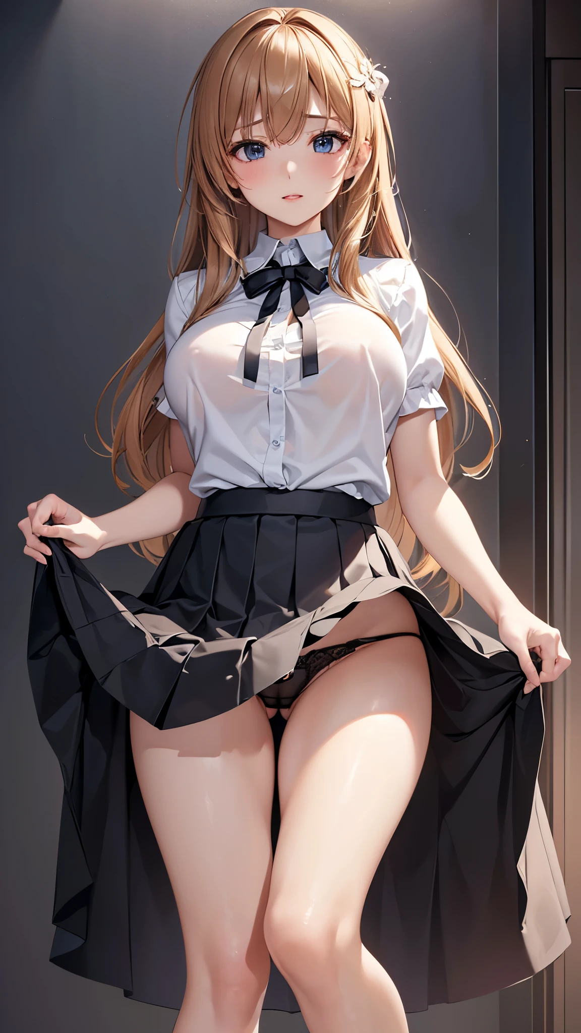((highest quality、High resolution、Highly detailed CG Unity 8K wallpaper))、detailed face、perfect body、unparalleled beauty、beautiful 、I'm opening my legs and seducing you、((She lifts up her skirt and shows her pantiesxpressio