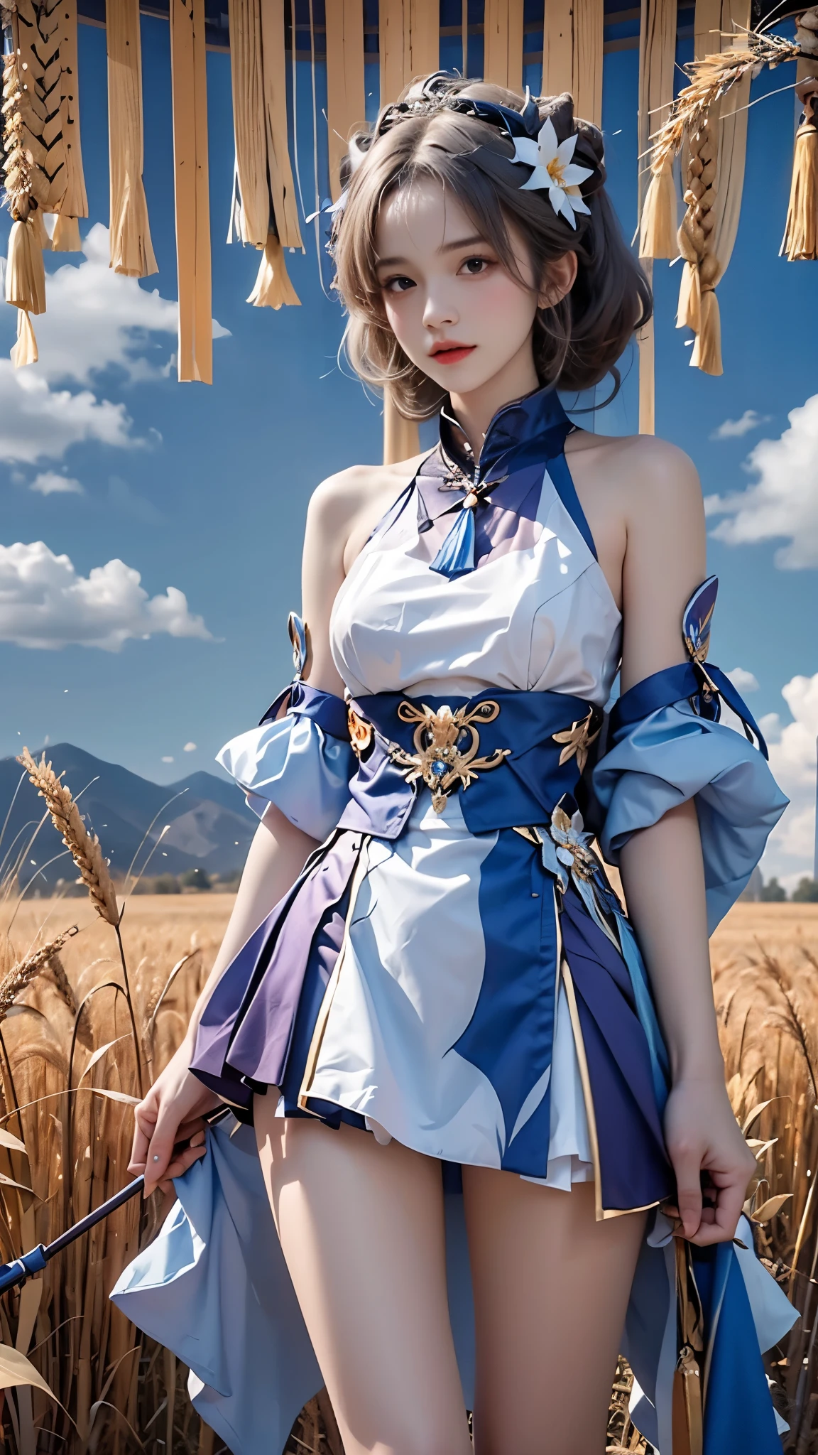 masterpiece，best quality，high质量，high清晰度，high质量的纹理，high质量的阴影，high细节，beautiful details，fine details，Extremely detailed CG，Detailed texture，lifelike的面部表现，lifelike的，rich and colorful，exquisite，sharp focus，(intricate detailake up，PureErosFace_V1:0.5)，(细节美exquisite脸，(细节美exquisite眼睛)，Perfect比例的脸，highDetails of the skin，Details of the skin，Four fingers and one thumb in optimal proportions，emaciated:1.3)，1 girl，17 years old，high，(光滑的abdominal muscles:1.55)，(abdominal muscles:0.5)，pretty，Perfect，high，((bare shoulders)), ((The skirt is short)), (long legs)，(straight legs)，(thin waist)，((White skin))，White skin，((White skin))，(emma watson)，Big breasts，((Caucasian))，light blonde hair，Stand with legs apart，looking at the audience，whole body，Portrait of cute blonde girl，((Standing in the wheat field,Look into the distance))，bloom，orange mist，sports，Wisps of hair，lifelike，high品质渲染，amazing art，high品质，film texture，Fujifilm XT3，dream