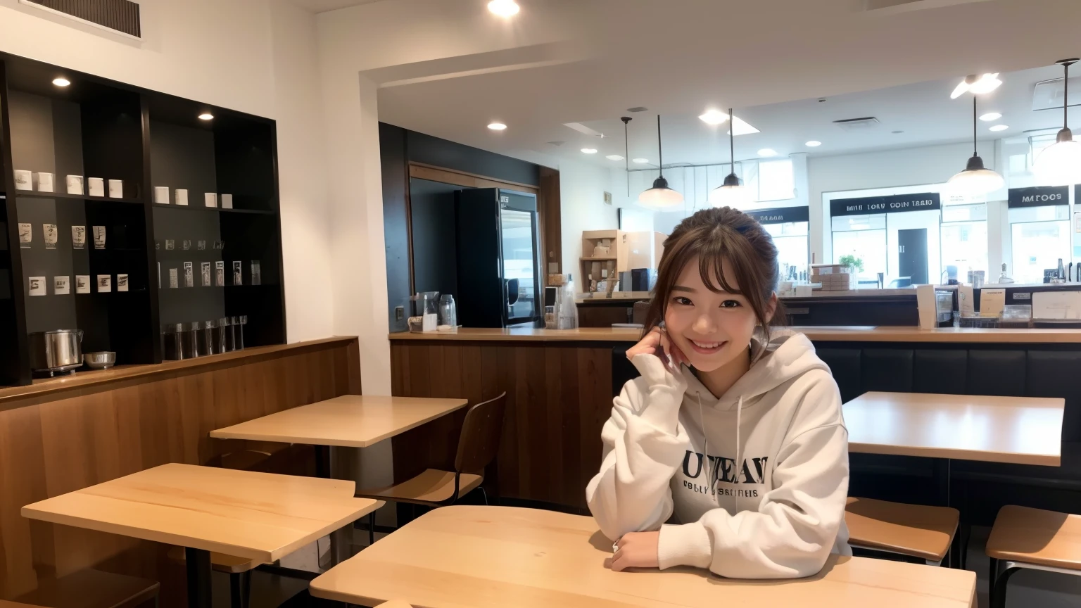 (8K, Raw photo, highest quality, masterpiece:1.2), (realistic, photo-realistic:1.4), (Highly detailed 8K wallpaper), perfect female body, famous japanese idol, 20 year old girl,  japanese model, medium short hair, messy hair, light brown hair, hoodie,inside a stylish cafe, I can see other customers enjoying themselves too..。At the back of the cafe、Staff are busy working at the counter。