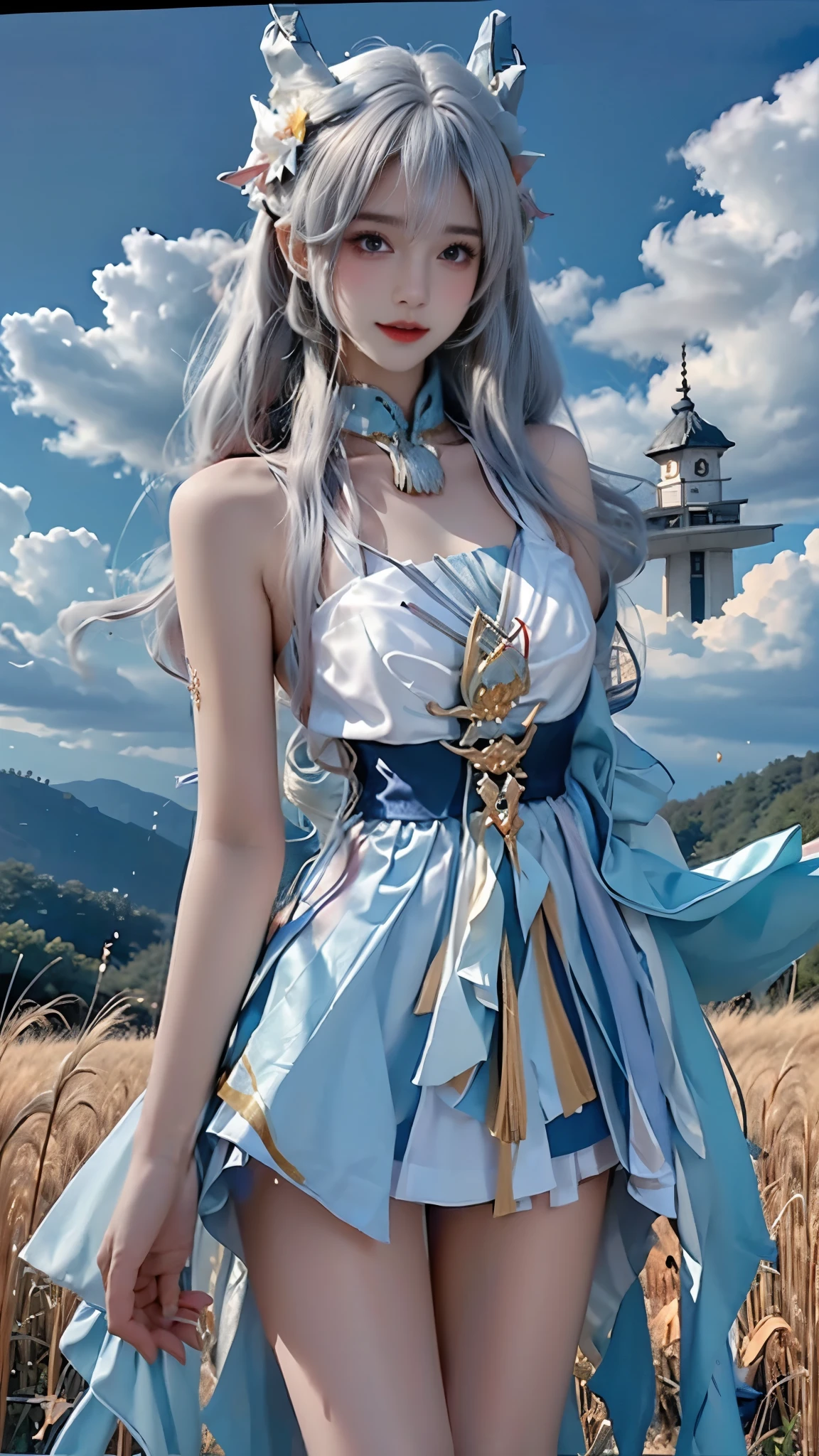 masterpiece，best quality，high质量，high清晰度，high质量的纹理，high质量的阴影，high细节，beautiful details，fine details，Extremely detailed CG，Detailed texture，lifelike的面部表现，lifelike的，rich and colorful，exquisite，sharp focus，(intricate detailake up，PureErosFace_V1:0.5)，(细节美exquisite脸，(细节美exquisite眼睛)，Perfect比例的脸，highDetails of the skin，Details of the skin，Four fingers and one thumb in optimal proportions，emaciated:1.3)，1 girl，17 years old，high，(光滑的abdominal muscles:1.55)，(abdominal muscles:0.5)，pretty，Perfect，high，((bare shoulders)), ((The skirt is short)), (long legs)，(straight legs)，(thin waist)，((White skin))，White skin，((White skin))，(emma watson)，Big breasts，((Caucasian))，light blonde hair，Stand with legs apart，looking at the audience，whole body，Portrait of cute blonde girl，((Standing in the wheat field,Look into the distance))，bloom，orange mist，sports，Wisps of hair，lifelike，high品质渲染，amazing art，high品质，film texture，Fujifilm XT3，dream
