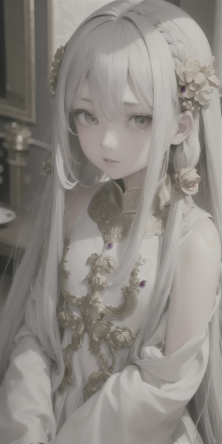 highest quality, masterpiece,gray hair, gold eyes,white clothes, look up, Upper body,hair bundle,Fair skin,long hair,