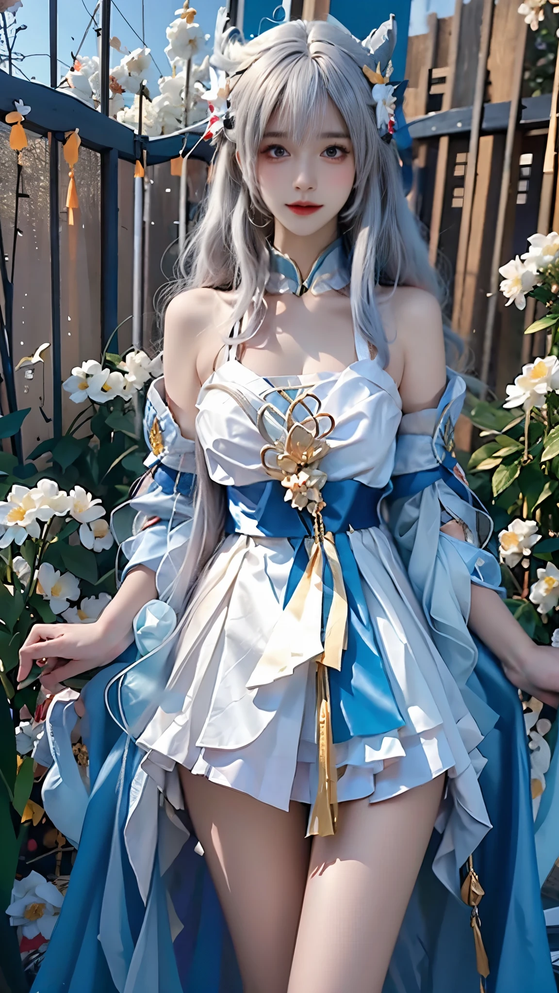 Beauty of a goddess, slim face, light smile, beautiful wan, 1girl, solo, (masterpiece:1.2), best quality, eula, genshin, high detailed, 8K resolution, looking at viewers, eula from genshin impact, outdoor, blue hair, hair ornaments, eula cosplay outfit