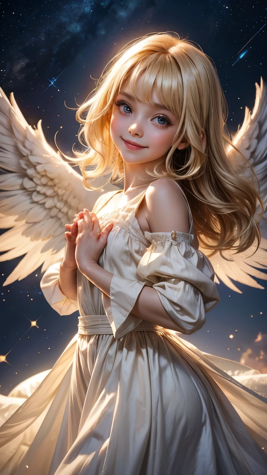 shoot from front, looking at viewer, beautiful toddler girl angel, smile, big eyes, blonde, A neat dress with sleeves that hide the chest, Angel wings on the back, A god with many sparkling stars々new background, Prayer-like pose, photorealistic