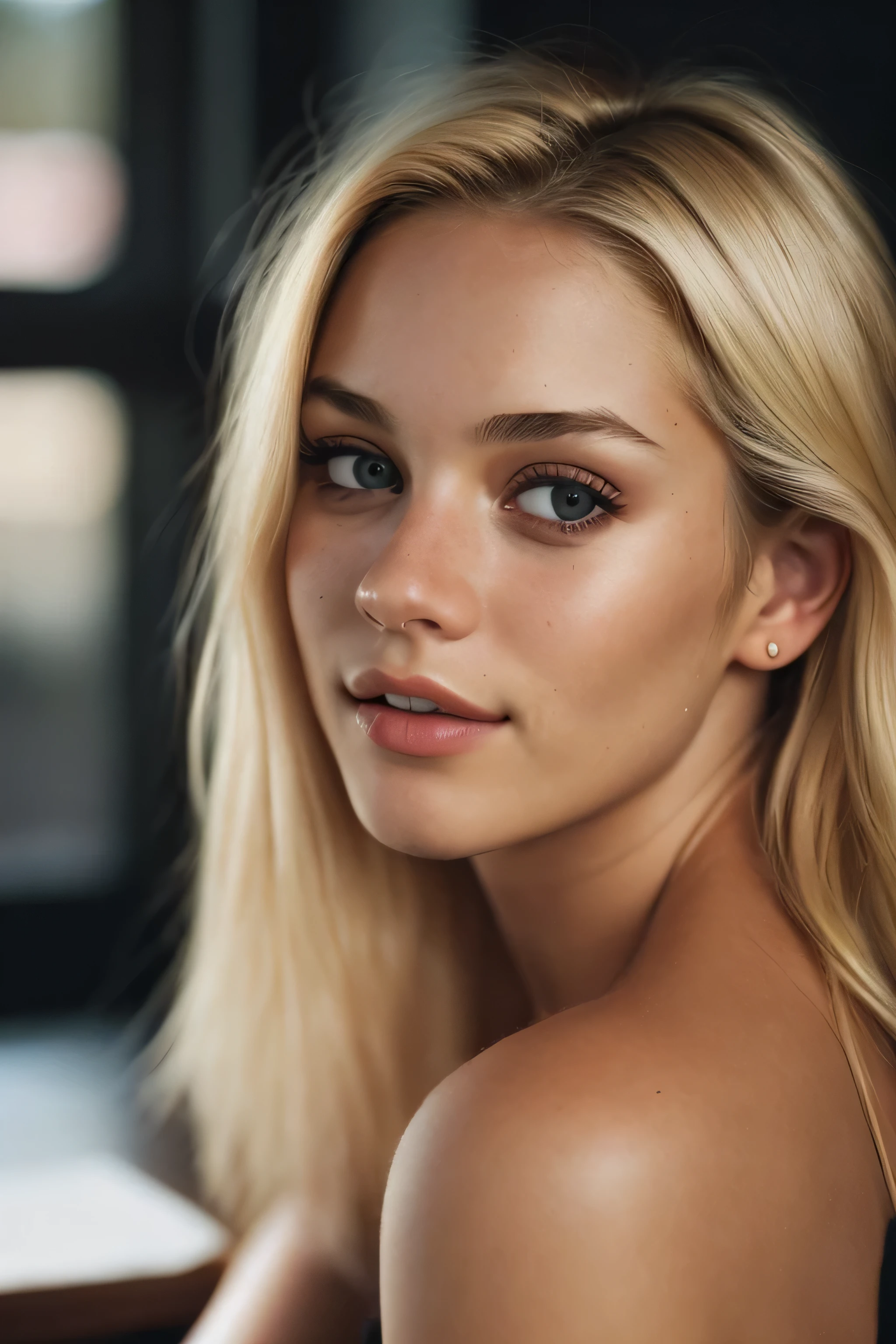(close-up, editorial photograph of a 19 year blonde woman), blond hairbl, Brown eyes, solo, happy gin, 19yo, off-shoulder, Top Quality, masterpeace, extra high resolution, (highly detailed face:1.4) (smile:0.7) (background inside dark, moody, private study:1.3) POV, sexy look, by lee jeffries, nikon d850, film stock photograph ,4 kodak portra 400 ,camera f1.6 lens ,rich colors ,hyper realistic ,lifelike texture, dramatic lighting , cinestill 800,