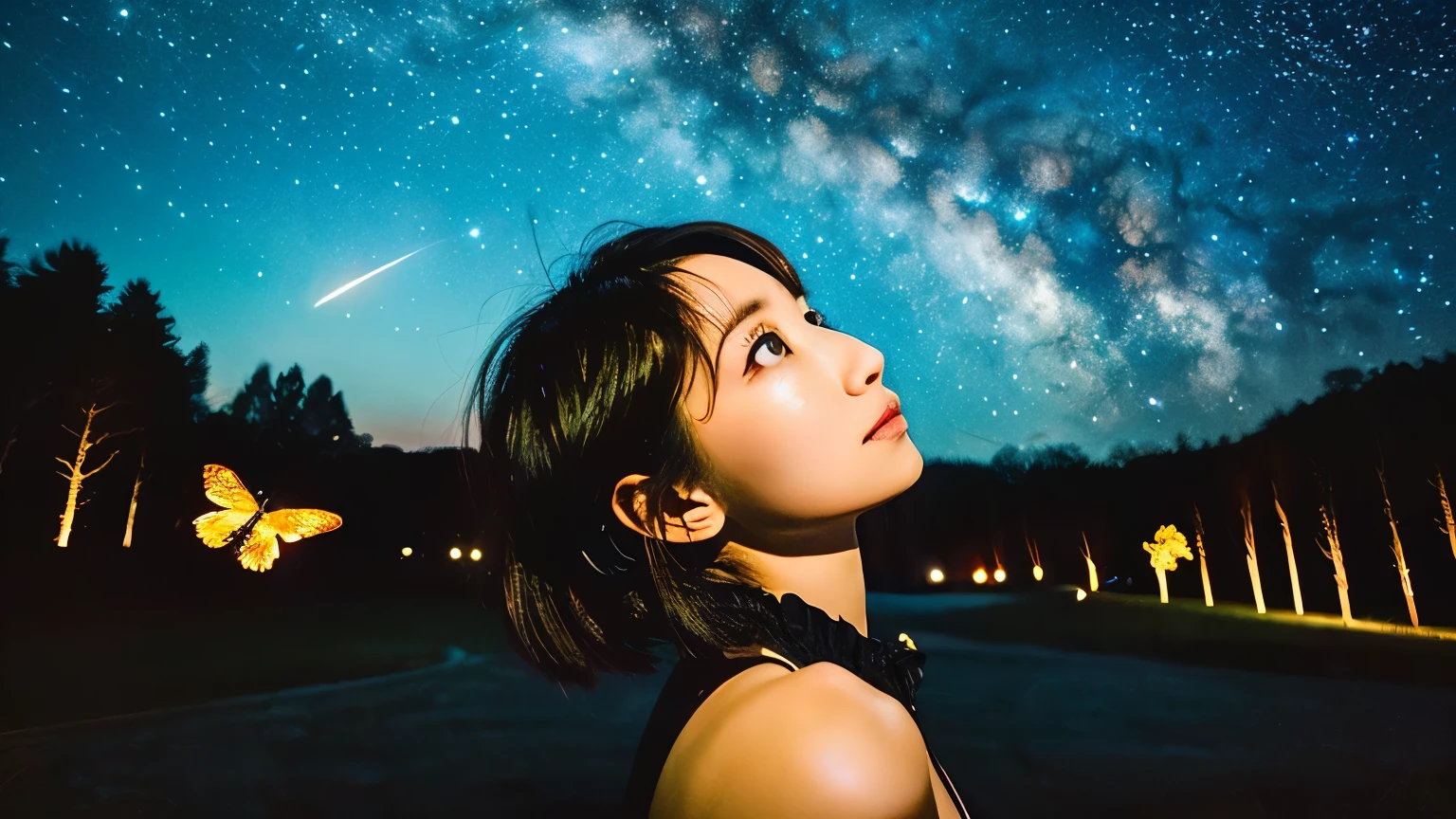 masterpiece、With background((wonderful starry sky、meteor、Black Hole))、depth((Giant wood、wonderful、luminescent))、luminescent butterflies are flying、beautiful girl、one piece、Rear view