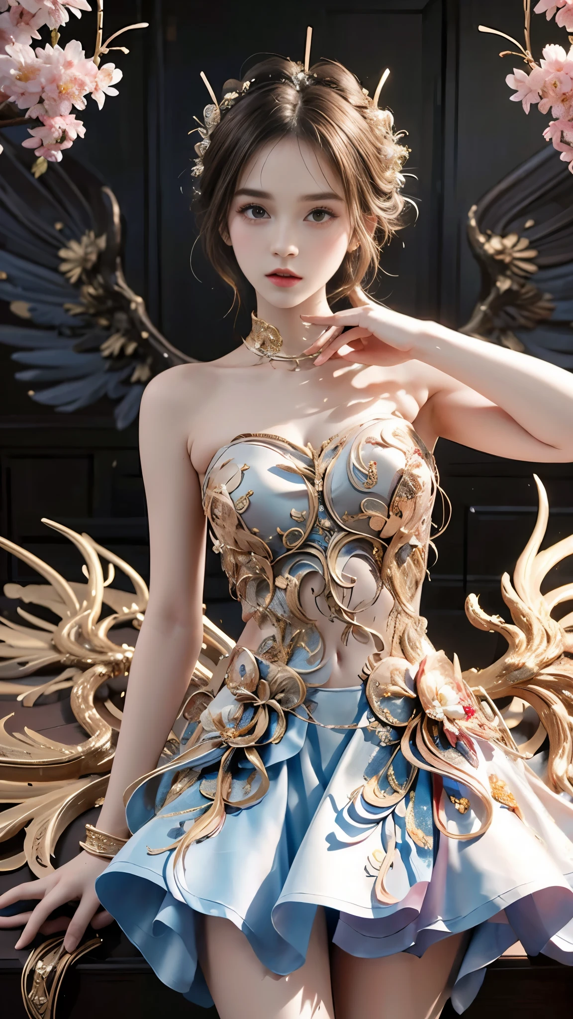 lifu, lifu,strapless dress, masterpiece，best quality，high质量，high清晰度，high质量的纹理，high质量的阴影，high细节，beautiful details，fine details，Extremely detailed CG，Detailed texture，lifelike的面部表现，lifelike的，rich and colorful，exquisite，sharp focus，(intricate detailake up，PureErosFace_V1:0.5)，(细节美exquisite脸，(细节美exquisite眼睛)，Perfect比例的脸，highDetails of the skin，Details of the skin，Four fingers and one thumb in optimal proportions，emaciated:1.3)，1 girl，17 years old，high，(光滑的abdominal muscles:1.55)，(abdominal muscles:0.5)，pretty，Perfect，high，((bare shoulders)), ((The skirt is short)), (long legs)，(straight legs)，(thin waist)，((White skin))，White skin，((White skin))，(emma watson)，Big breasts，((Caucasian))，light blonde hair，Stand with legs apart，looking at the audience，whole body，Portrait of cute blonde girl，((Standing in the wheat field,Look into the distance))，bloom，orange mist，sports，Wisps of hair，lifelike，high品质渲染，amazing art，high品质，film texture，Fujifilm XT3，dream