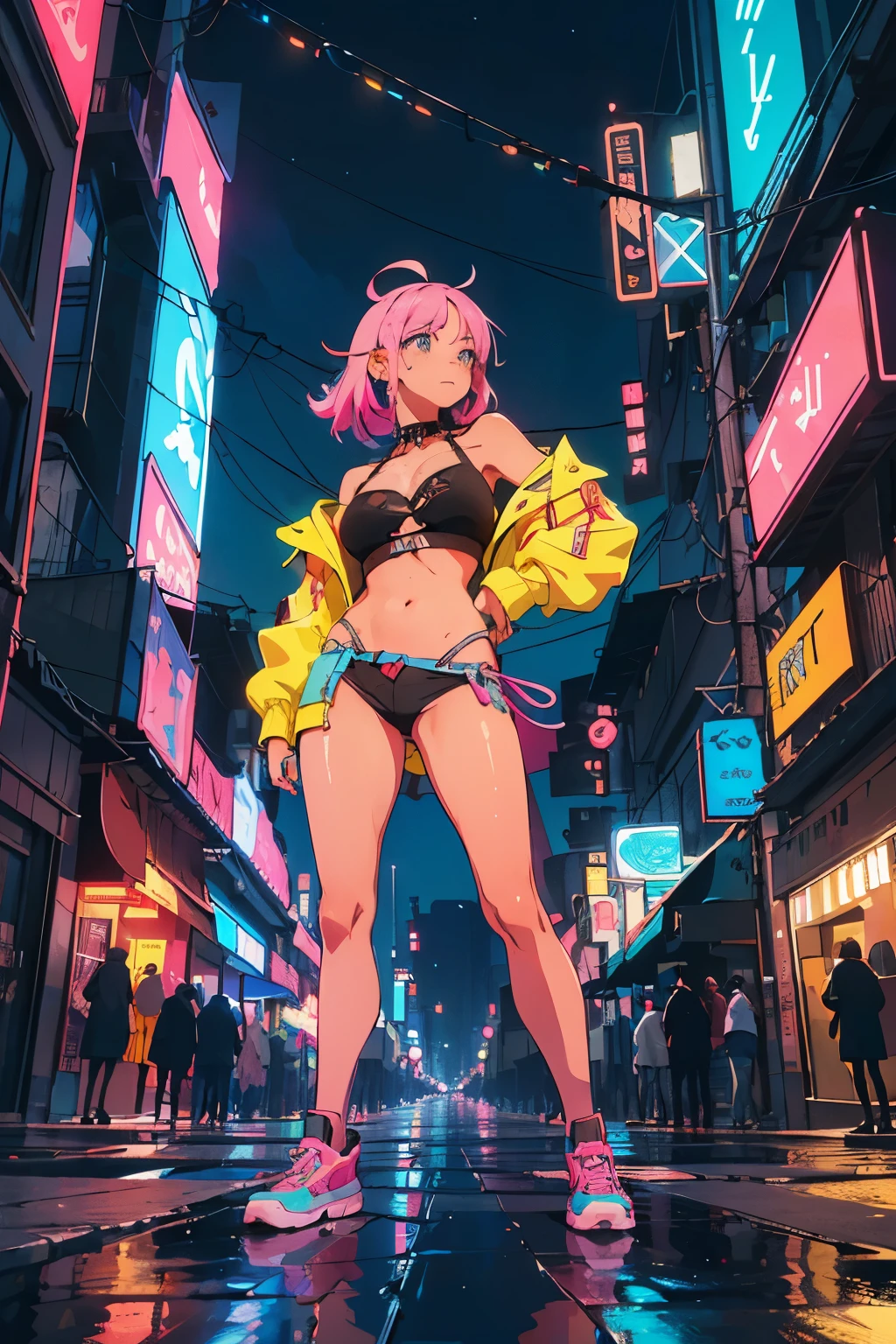 (obra-prima, 4k, ultra detalhado: 1.2), (anime: 1.2), illustration, (realista: 1), (fotorrealista: 1),
(solo:1.2),
(caminhando:1),
(panorama,perspectiva:1.4),(olho de peixe:1.2),
(paisagem, ao ar livre, paisagem urbana, noite, meia-noite, telhado, cyberpunk, asfalto, chuva, arte graffiti, reflection, loja, quiosque, sidewalk, beco: 1.2), (sky scraper, nevoeiro: 1.4),
(pedestre, crowd, pessoas: 1.3),
(neon sign, neon blue, neon pink, Yellow neon: 1.4),
(Off-shoulder neon trench jacket, cargo pants, sneaker: 1.3, nsfw seio nu, nsfw mostrando os seios),
(cabelo branco platina, rabo de cavalo: 1.2, pele negra), (supermodelo: 1.4), (various hair colors),