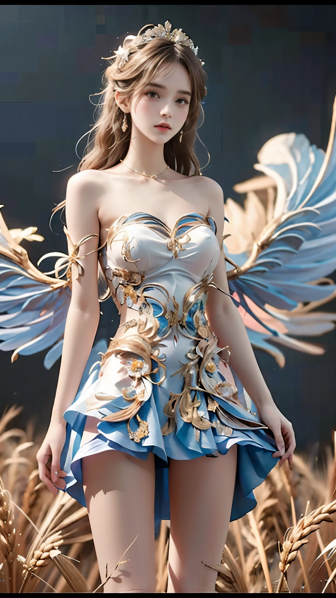 lifu, lifu,strapless dress, masterpiece,best quality,high质量,high清晰度,high质量的纹理,high质量的阴影,high细节,beautiful details,fine details,Extremely detailed CG,Detailed texture,lifelike的面部表现,lifelike的,rich and colorful,exquisite,sharp focus,(intricate detailake up,PureErosFace_V1:0.5),(细节美exquisite脸,(细节美exquisite眼睛),Perfect比例的脸,highDetails of the skin,Details of the skin,Four fingers and one thumb in optimal proportions,emaciated:1.3),1 girl,,high,(光滑的abdominal muscles:1.55),(abdominal muscles:0.5),pretty,Perfect,high,((bare shoulders)), ((The skirt is short)), (long legs),(straight legs),(thin waist),((White skin)),White skin,((White skin)),(emma watson),Big breasts,((Caucasian)),light blonde hair,Stand with legs apart,looking at the audience,whole body,Portrait of cute blonde girl,((Standing in the wheat field,Look into the distance)),bloom,orange mist,sports,Wisps of hair,lifelike,high品质渲染,amazing art,high品质,film texture,Fujifilm XT3,dream
