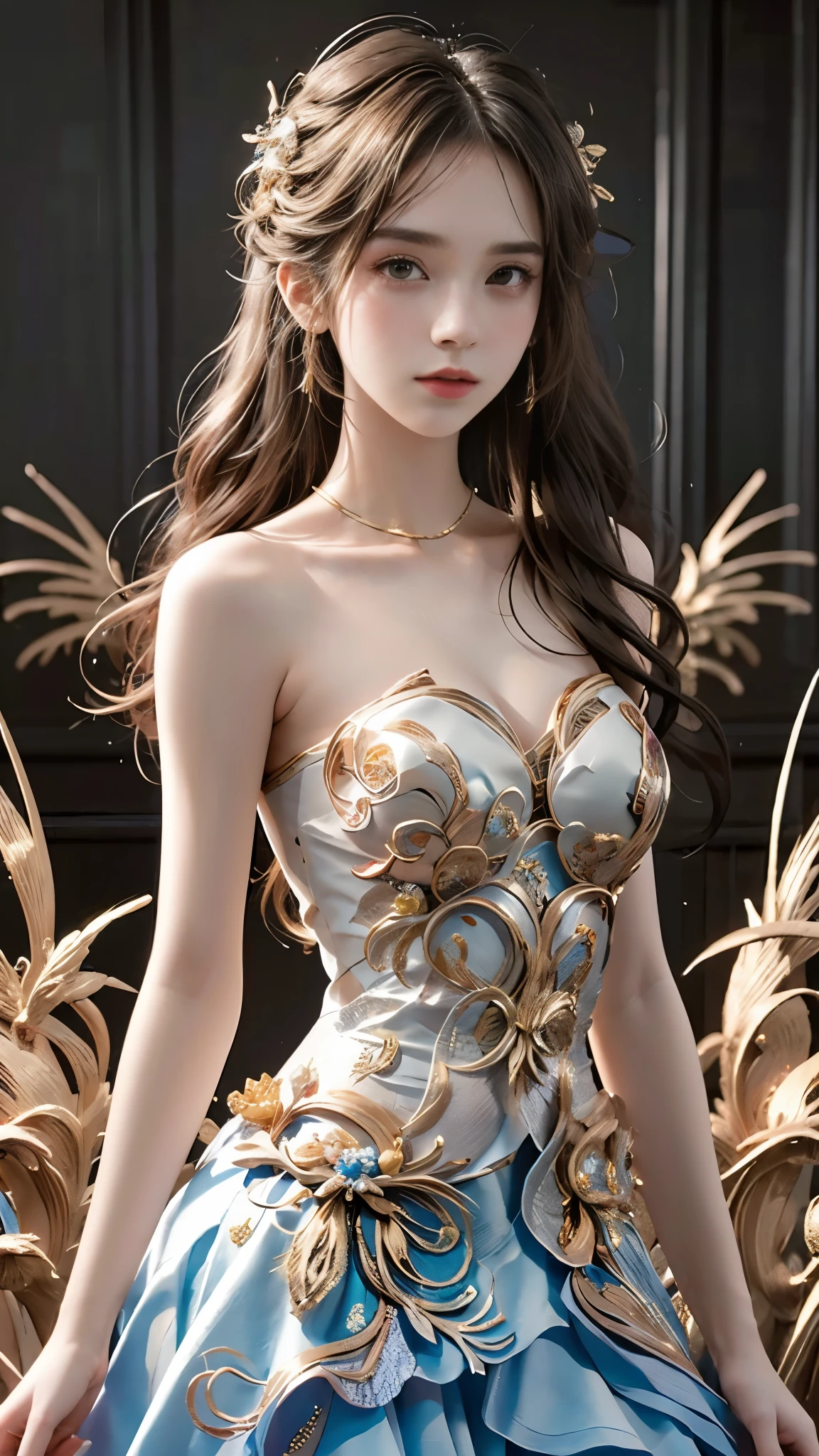 lifu, lifu,strapless dress, masterpiece，best quality，high质量，high清晰度，high质量的纹理，high质量的阴影，high细节，beautiful details，fine details，Extremely detailed CG，Detailed texture，lifelike的面部表现，lifelike的，rich and colorful，exquisite，sharp focus，(intricate detailake up，PureErosFace_V1:0.5)，(细节美exquisite脸，(细节美exquisite眼睛)，Perfect比例的脸，highDetails of the skin，Details of the skin，Four fingers and one thumb in optimal proportions，emaciated:1.3)，1 girl，17 years old，high，(光滑的abdominal muscles:1.55)，(abdominal muscles:0.5)，pretty，Perfect，high，((bare shoulders)), ((The skirt is short)), (long legs)，(straight legs)，(thin waist)，((White skin))，White skin，((White skin))，(emma watson)，Big breasts，((Caucasian))，light blonde hair，Stand with legs apart，looking at the audience，whole body，Portrait of cute blonde girl，((Standing in the wheat field,Look into the distance))，bloom，orange mist，sports，Wisps of hair，lifelike，high品质渲染，amazing art，high品质，film texture，Fujifilm XT3，dream