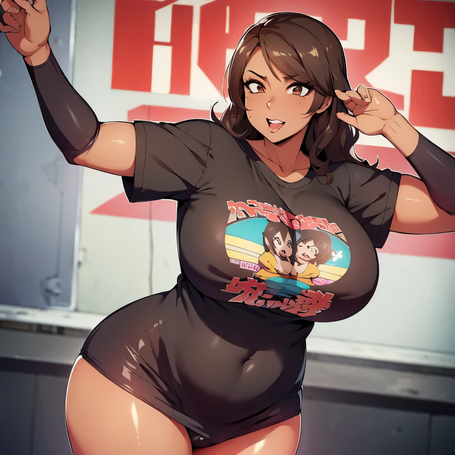 Bbw, latina, brown skin, goth, milf, in anime t shirt, tight lingere, japanese streets,