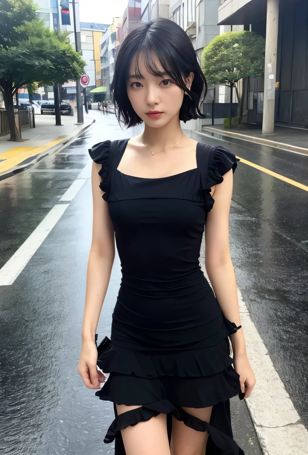 Black dress posing for photo, Beautiful Japan actress, Short hair, sakimichan, ((Best Quality, 8K, masutepiece: 1.3)), Focus: 1.2, Perfect Body Beauty: 1.4, Buttocks: 1.2, ((Layered Haircut, Beautiful breasts: 1.2)), (Wet clothes: 1.1) , (Rain, Street:1.3), Bandeau Dress: 1.1, Highly detailed face and skin texture, Delicate eyes, after rain, (Sky Rainbow: 1.1), (Black Dress: 1.2), Gorgeous streets