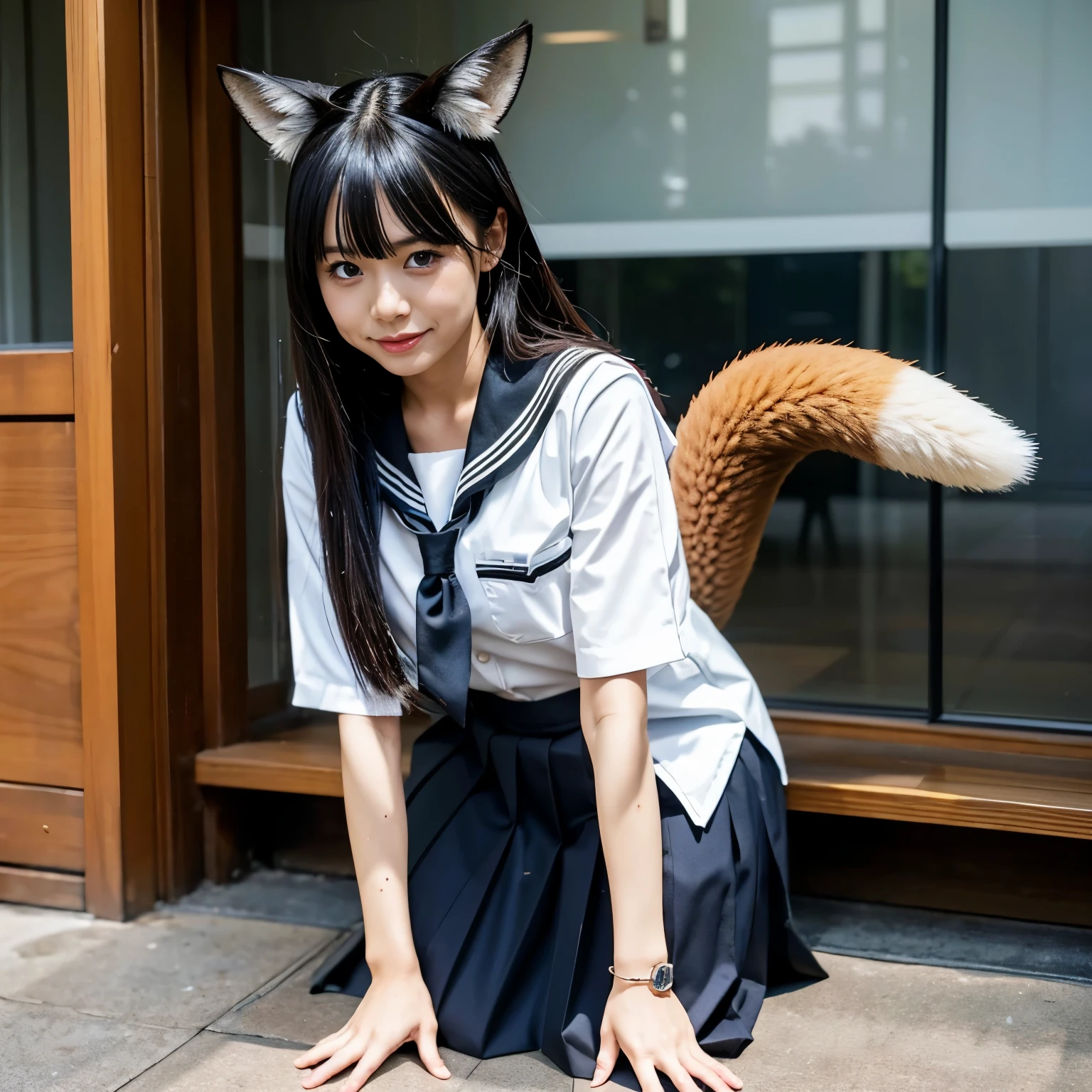 Girl with a furry しっぽ , fox tail, Bushy Tail, collared shirt,table top, 最high quality, figure, ultra-de tail ed, finede tail, High resolution, 8k wallpaper, 完璧なダイナミックな構figure, Beautiful deしっぽed eyes,Full body shot，Show me your whole body、thin and transparent、long gray hair, ,smile,Harajuku、18 year old girl、eyeliner、beautiful bangs、hair between eyes、最high quality、ultra-de tail liert、film light、intricate-deしっぽ、High resolution、ighly deしっぽed))、detailed background、8KUHD、Digital single-lens reflex camera、soft light、high quality、film grain、Fujifilm XT3 、shallow depth of field、natural soft light、Kamimei、I looked at my knees., sexy shot looking at camera、on the leg、Full body shot facing the camera、look back、(The fox tail that grows out pushes up the hem of the skirt and stands tall.:1.9)、(The tail growing from her butt is sticking out from the hem of her skirt.:1.9)、(the tail is attached to her butt:1.9), (She has a fox tail on her butt.:1.9)