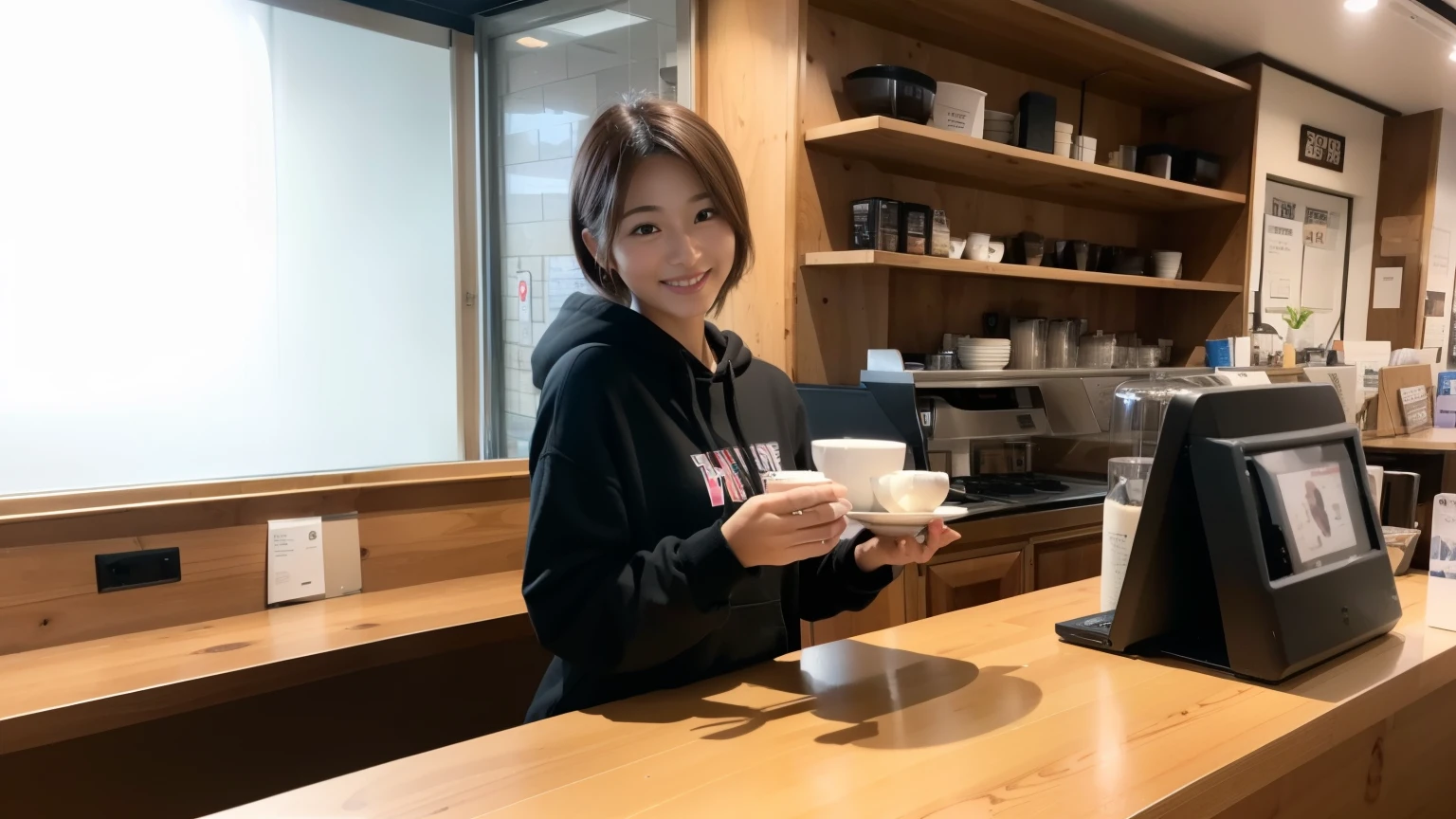 (8K, Raw photo, highest quality, masterpiece:1.2), (realistic, photo-realistic:1.4), (Highly detailed 8K wallpaper), perfect female body, famous japanese idol, 20 year old girl,  japanese model, medium short hair, messy hair, light brown hair, hoodie,inside a stylish cafe, I can see other customers enjoying themselves too..。At the back of the cafe、Staff are busy working at the counter。