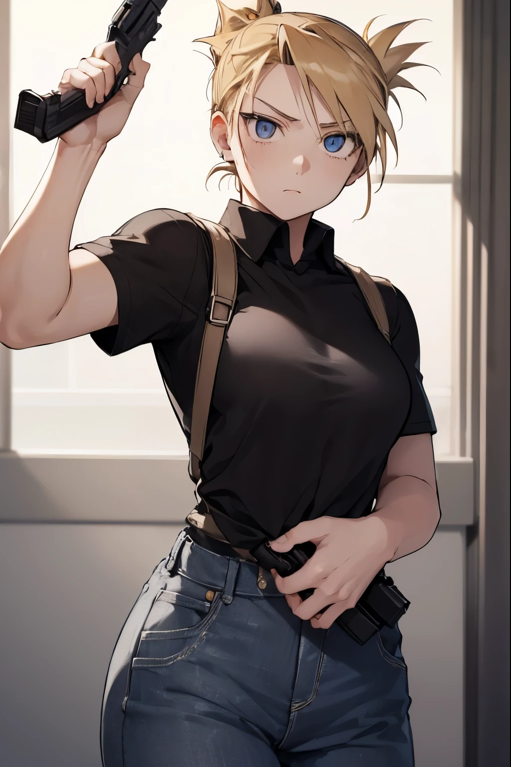 Riza Hawkeye, blonde hair, (black eye:1.5), folded ponytail,hold a gun and take aim,scared,
break shirt, short sleeve, earrings, pants, uniform, army, black shirt, army uniform, denim's pants,
break looking at viewer, full body,
break indoors,
break (masterpiece:1.2), highest quality, High resolution, unity 8k wallpaper, (figure:0.8), (detailed and beautiful eyes:1.6), highly detailed face, perfect lighting, Very detailed CG, (perfect hands, perfect anatomy),