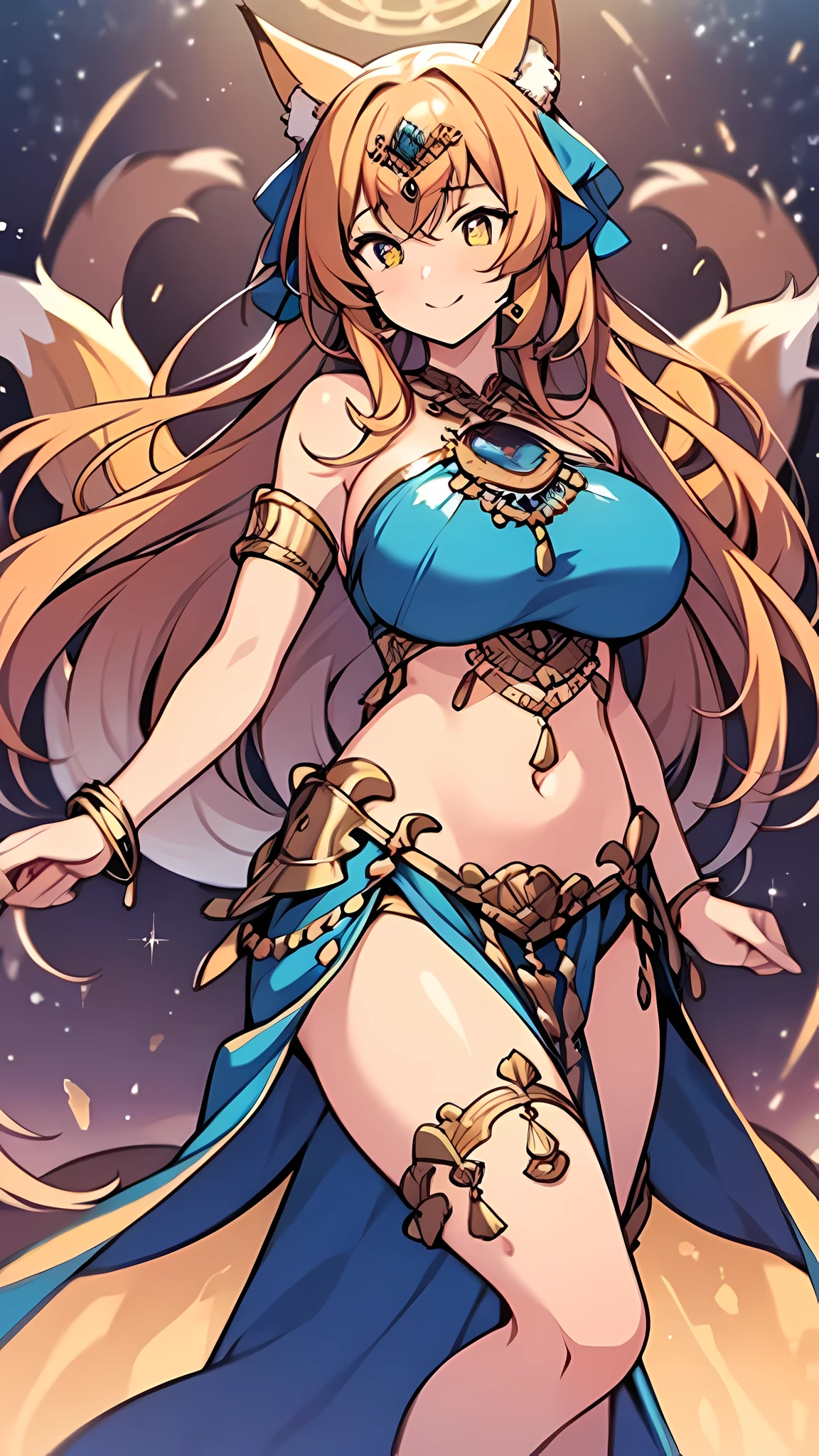 (masterpiece), best quality, expressive eyes, perfect face,(fox girl, Fox ears, fox tail),light brown hair,(glowing yellow pupils),(huge breasts:1.2),cleavage,(bare legs),(belly dancer, harem outfit, pelvic curtain:1.2),(blue costume),crystal pendant,circlet,earrings,armlets,bracelets,bashful smile,dancing,beach,(night:1.1),(starry sky 1:1)