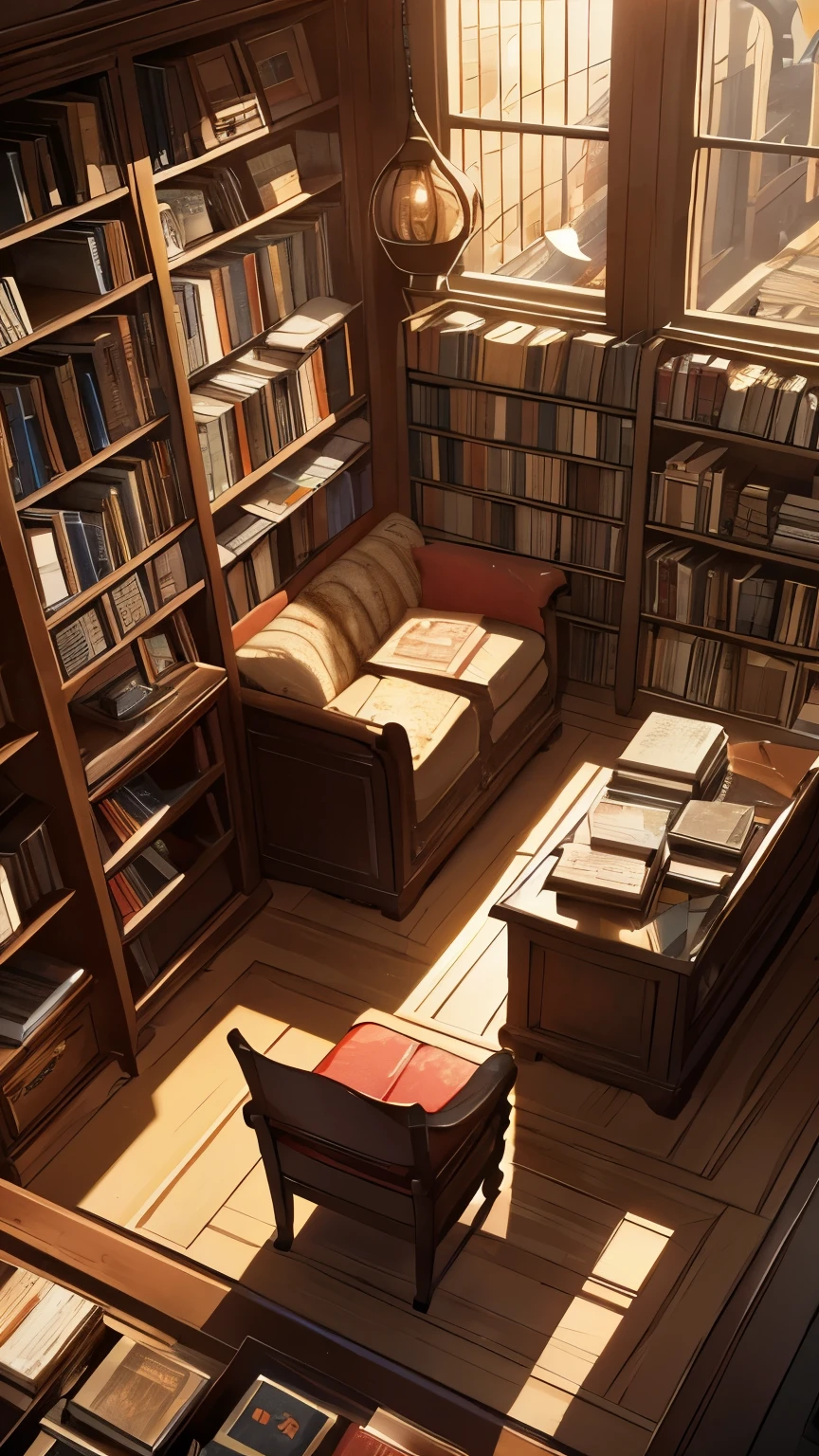 CG, unity, 8k, wallpaper, highest quality, masterpiece, Used bookstore with no people, best lighting, complex pupils, complex textile, detailed background, at a used bookstore, many books are stacked up, scattered books, (evening: 1.5), (Nostalgic and ephemeral atmosphere: 1.5), (A picture dyed in madder red: 1.2), particles of light, high angle, sit in a chair and look up at the viewer, view from above