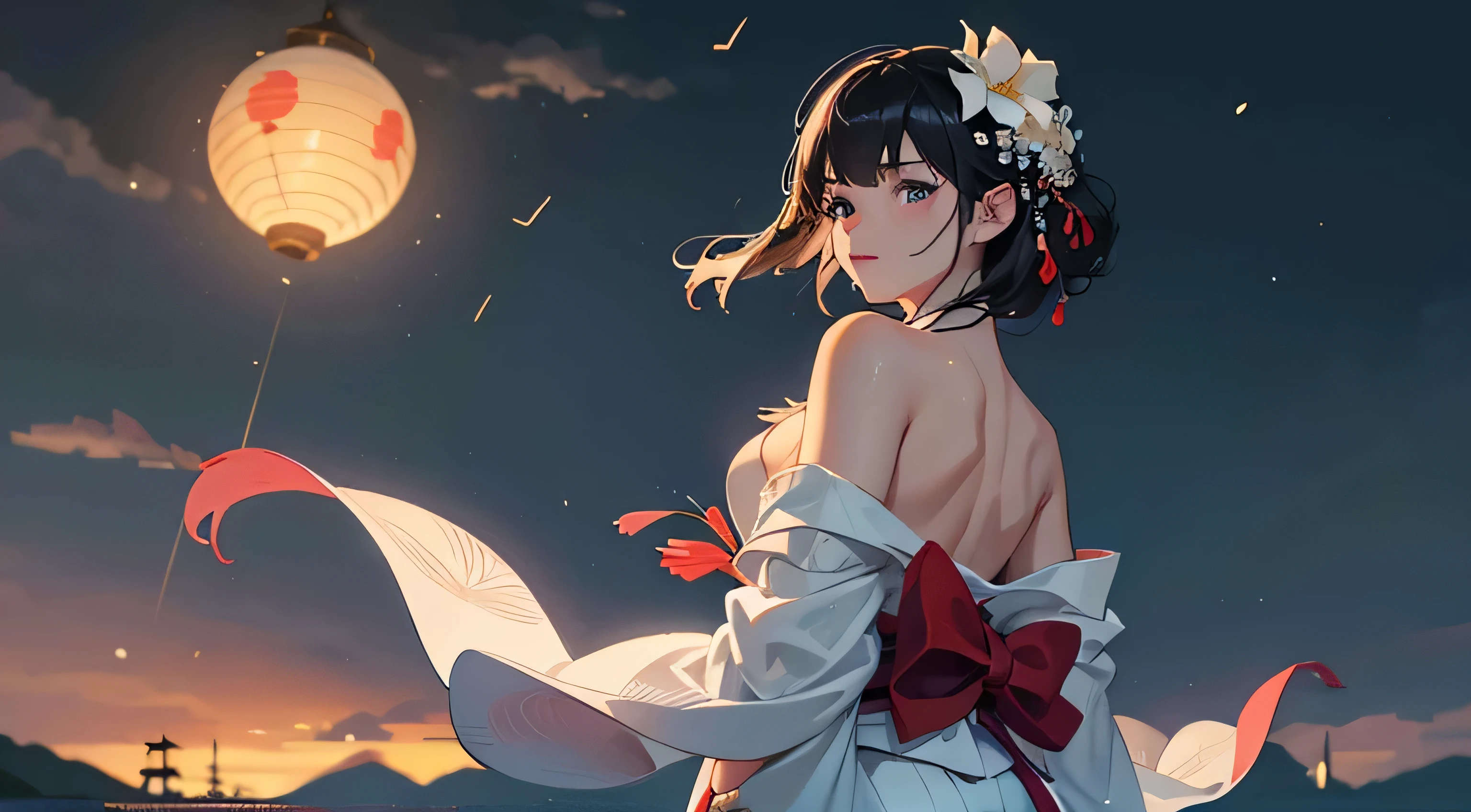 Masterpiece, super high quality, super detail, perfect drawing, beautiful girl in loincloth, Japan outfit, shirtless, bountiful breasts, back appearance, cute face, loli big ass, looking back with a cute smile, 3 sizes B95W60H90, Beautiful Girl, Samurai, in yukata, Black Ponytail, Hair tied up with a large red ribbon, Equipped with two Japan swords,blush (0.2), night view, coolness, bamboo, tanabata, milky way, summer triangle, scenic, wind current, elegance, beautiful background, accurate drawing, detailed drawing