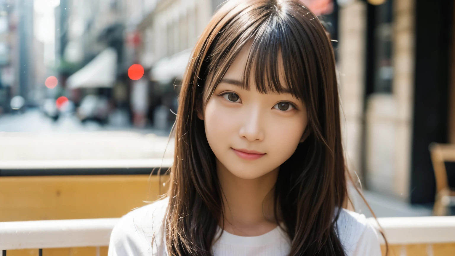 masterpiece, best quality, 8k, disorganized person, (Upper body:1.4), white shirt, beautiful girl, pretty face, looking at the viewer, smile, super realistic, high resolution, picture, sharp focus, HDR, face light, dynamic lighting, movie lighting, professional shadow, beautiful cafe background, best details, very detailed, Super detailed, finely, real skin, delicate facial features, detailed face and eyes, sharp pupils、real students