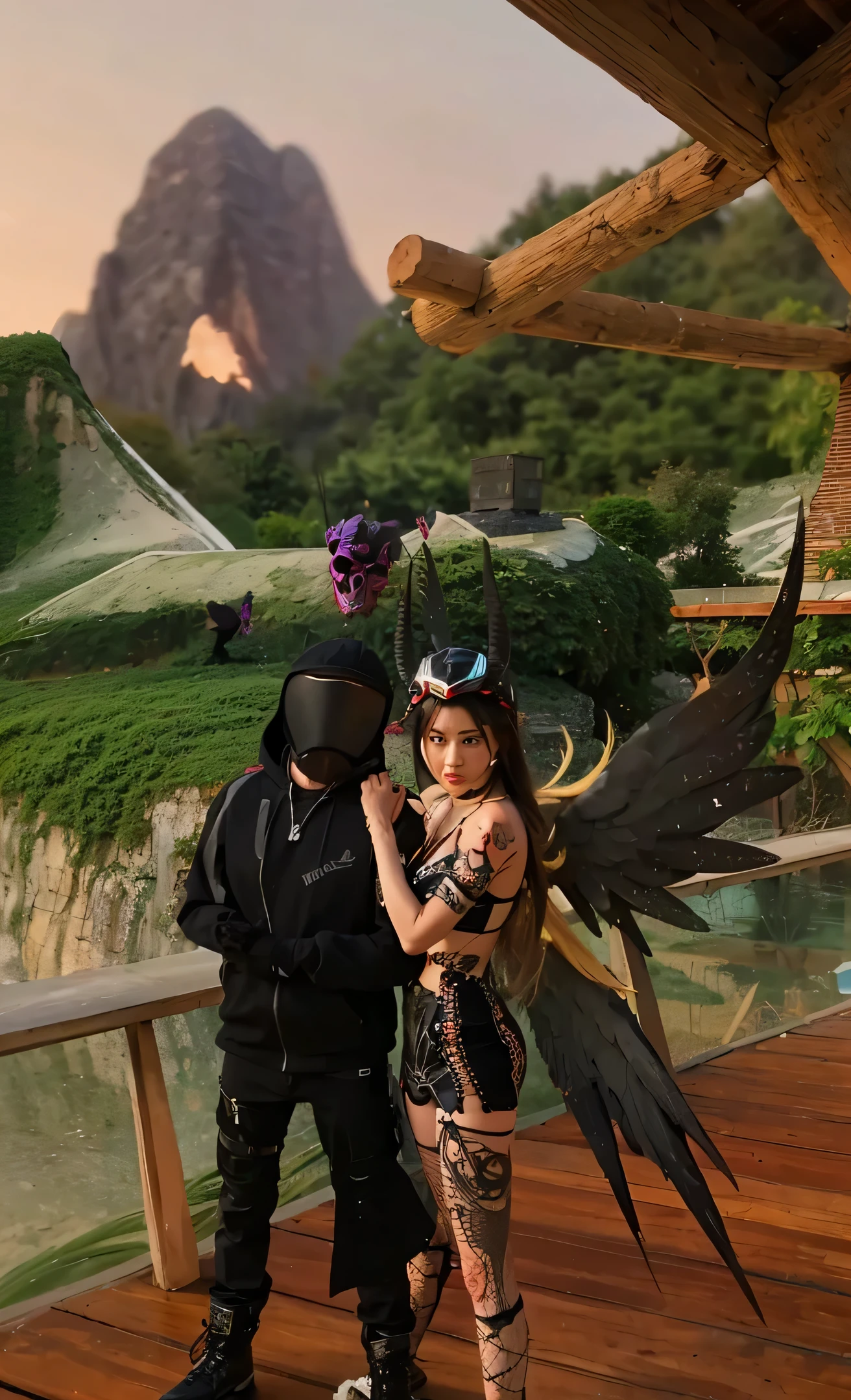 Man with black cloths and black biker helmet on standing next to girl with wings and tattoos with a green scenery in the background