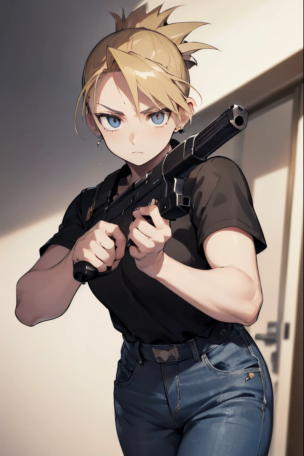 Riza Hawkeye, blonde hair, (black eye:1.5), folded ponytail,hold a gun and take aim,(((scared))),
break shirt, short sleeve, earrings, pants, uniform, army, black shirt, army uniform, denim's pants,
break looking at viewer, full body,
break indoors,
break (masterpiece:1.2), highest quality, High resolution, unity 8k wallpaper, (figure:0.8), (detailed and beautiful eyes:1.6), highly detailed face, perfect lighting, Very detailed CG, (perfect hands, perfect anatomy),