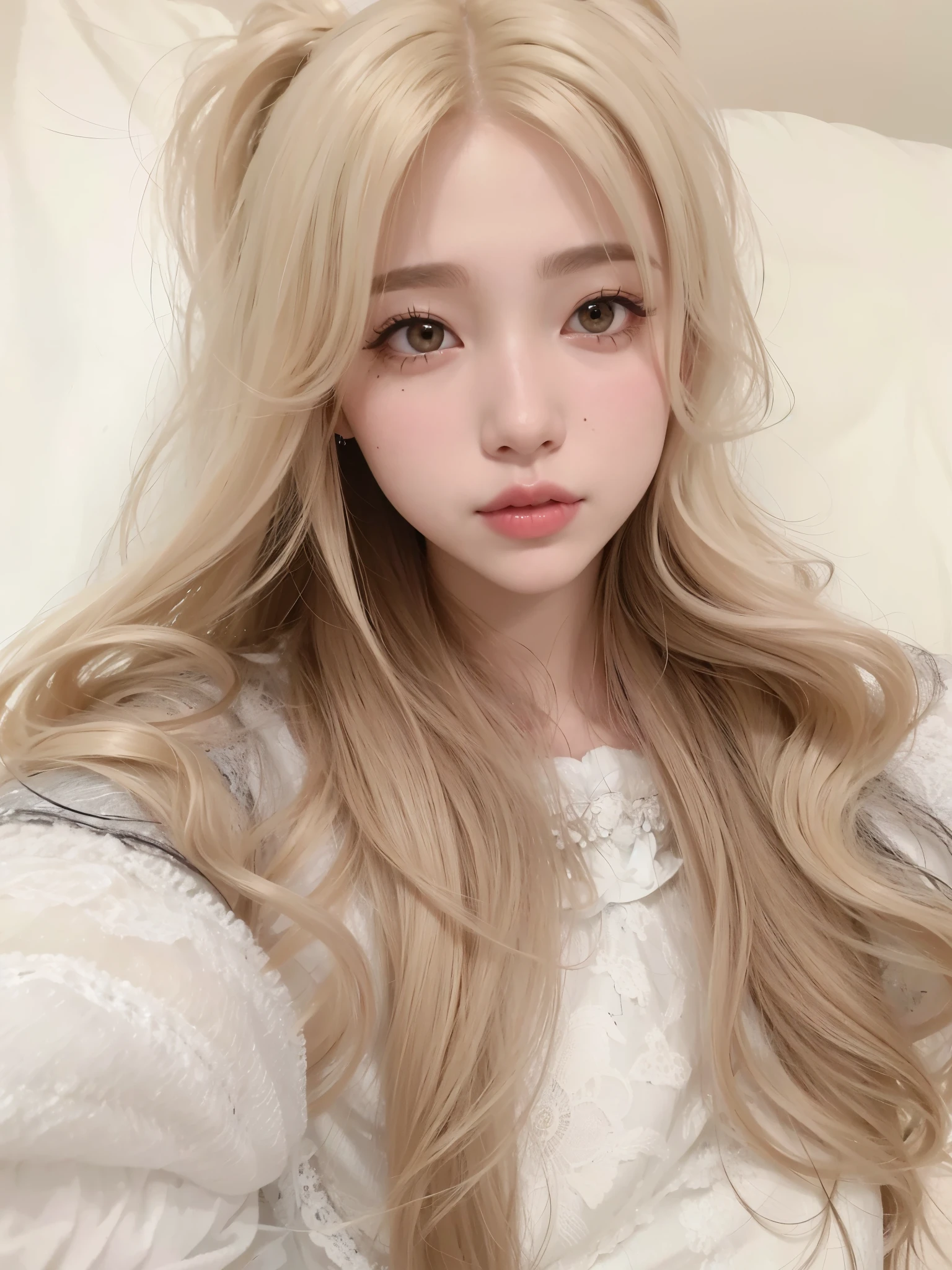 Un primer plano de una mujer con el pelo largo y rubio y un vestido blanco, retrato realista kawaii, ulzzang, pelo largo y rubio y ojos grandes, long cabello rubio y ojos grandes, linda cara de anime natural, cabello rubio y ojos grandes, ojos grandes y cabello largo y suelto, guweiz, con pelo largo y rubio, dulce conejita ultrarrealista, Pelo suave