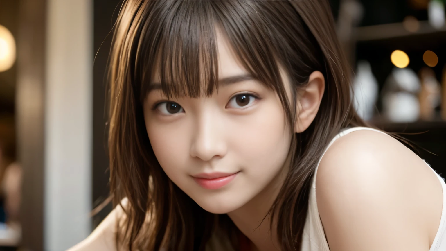 masterpiece, best quality, 8k, disorganized person, (Upper body:1.4), stylish cafe,white shirt, beautiful girl, pretty face, looking at the viewer, smile, super realistic, high resolution, picture, sharp focus, HDR, face light, dynamic lighting, movie lighting, professional shadow, beautiful cafe background, best details, very detailed, Super detailed, finely, real skin, delicate facial features, detailed face and eyes, sharp pupils、real students