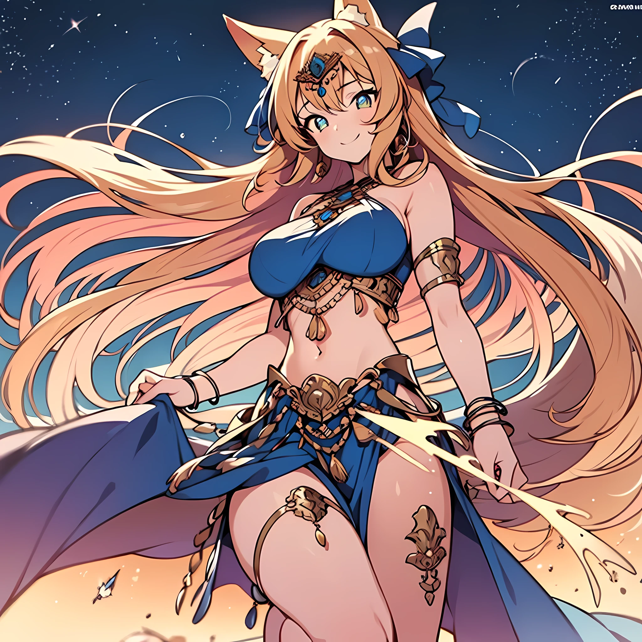 (masterpiece), best quality, expressive eyes, perfect face,(fox girl, Fox ears, fox tail),light brown hair,(glowing yellow pupils),(huge breasts:1.2),cleavage,(bare legs),(belly dancer, harem outfit, pelvic curtain:1.2),(blue costume:1.3),crystal pendant,circlet,earrings,armlets,bracelets,bashful smile,dancing,beach,(night:1.1),(starry sky 1:1)