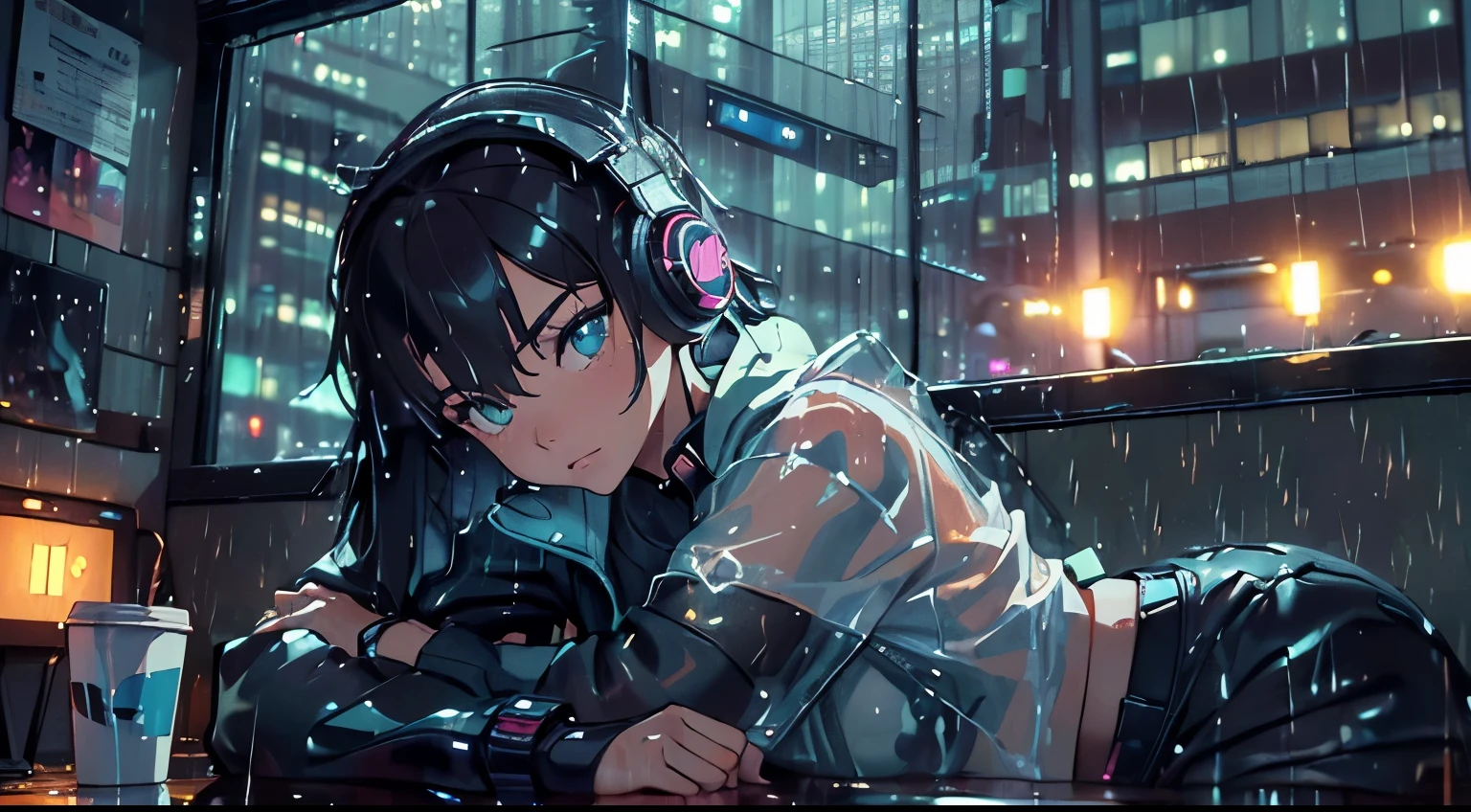 (Best quality, 4k, Masterpiece :1.3), ((rainy night: 1.5)), Girl 20 years brunette , cyberpunk lo-fi, in the bedroom, listening to music on pc, coffee cup on the table, headphones, open window on rainy night, white top glued, short shorts, wearing socks, ultra detailed, full cyberpunk headset, intricate details, 16k