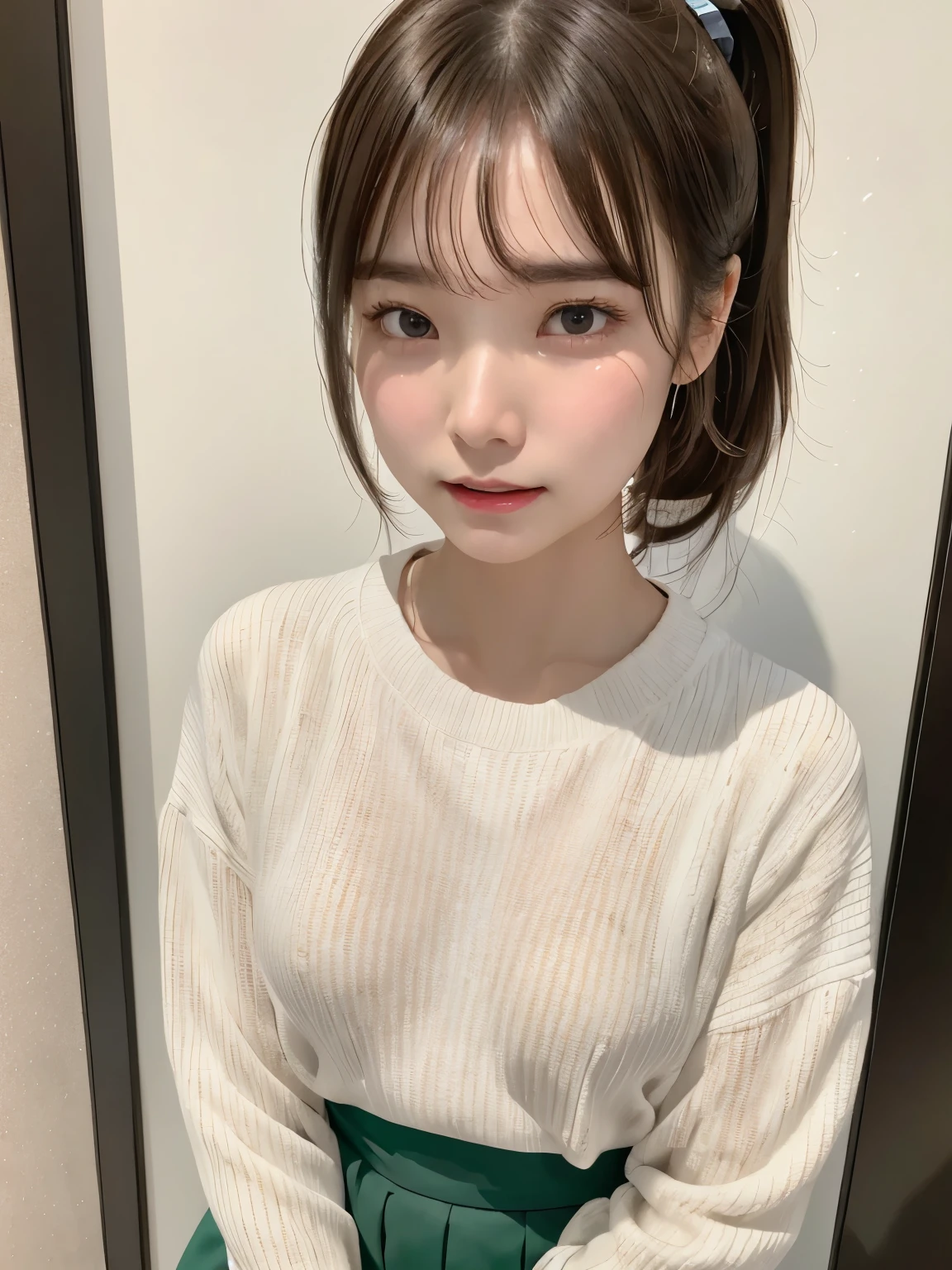 highest quality、8K、ultra high resolution、Super detailed face and eyes、Highly detailed face and skin texture、glowing skin、shiny skin、master piece:1.3、1 girl、super detail face、delicate eyes、double eyelid、full shot、short ponytail、20-year-old、brown hair、long sleeve、skirt、full body angle、In town、cry、crying face