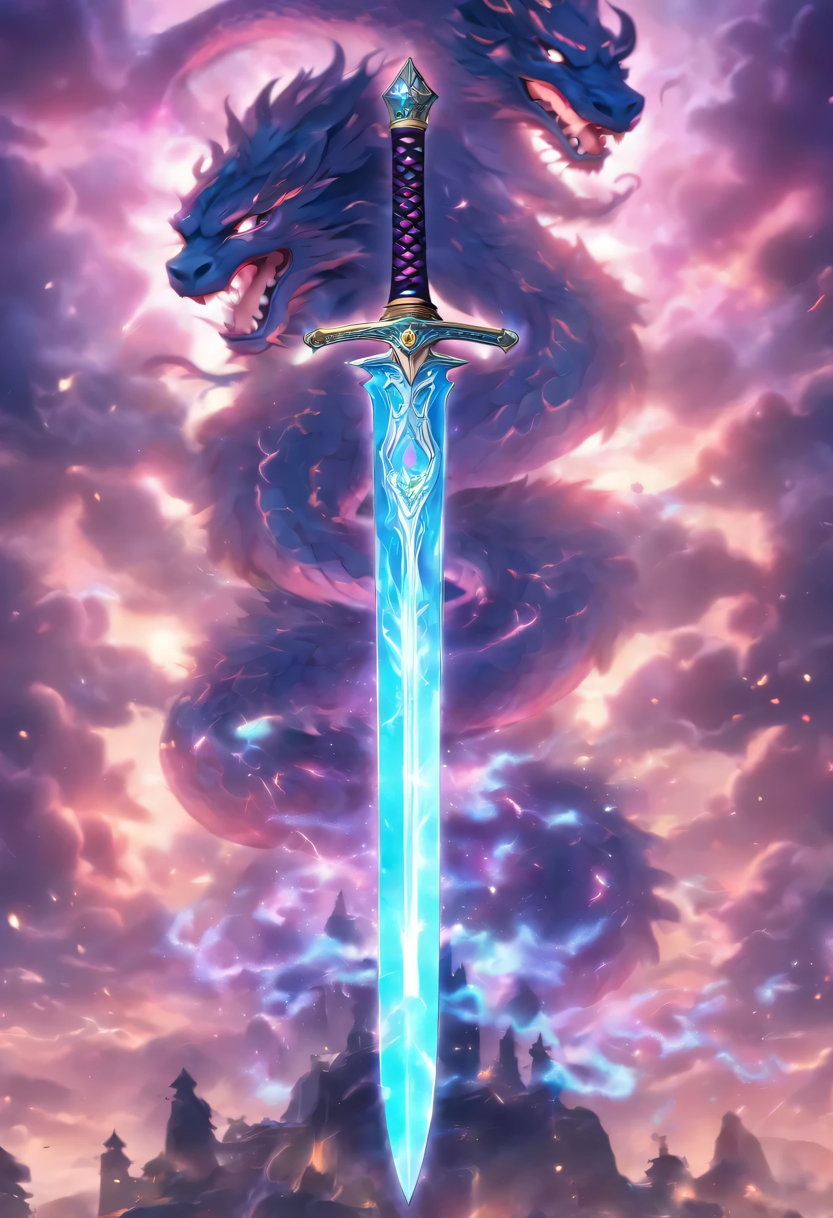 A huge sword inlaid with dazzling gems,There are cool lightning-like special effects around the sword body,The sword is decorated with exquisite dragon patterns and snakes。The sword is suspended in the fairyland with light clouds and gentle breeze,In the background is a majestic mountain range,The sun shines through the clouds on the sword,Look mysterious and solemn。