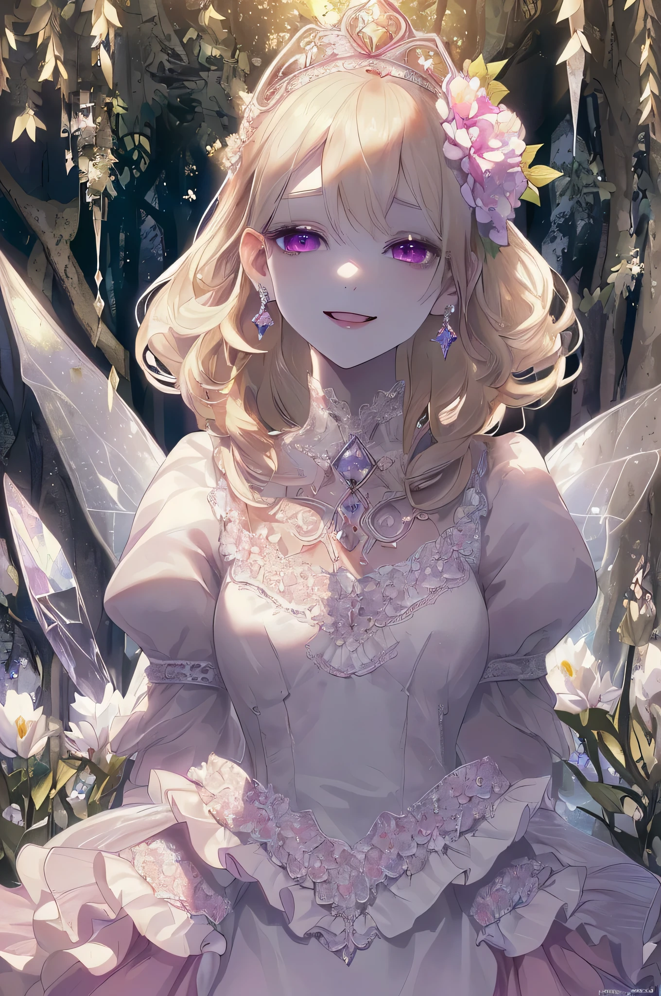 (highest quality, masterpiece, Super detailed, very detailed, exquisite, 16k,Full HD),dramatic lighting, warm lighting, soft lighting, environmental lighting, ((alone:1.5)),From the side,white background,From above,((head shot)),Wake up,large amount of flowers,The entire screen is surrounded by flowers,in the forest,(Crystal Forest),(fairy princess, purple eyes, long eyelashes,white skin,slim,Pale pink lip,pale pink cheeks, blonde,thin and long,(thin and high nose,small nose),(腰の少しFrom above巨大な妖精の羽),diamond tiara,diamond earrings,Diamond Choker,white ball gown dress with diamonds, lace and ruffles,(laughter), (fantasy, romantic atmosphere), magic light,
