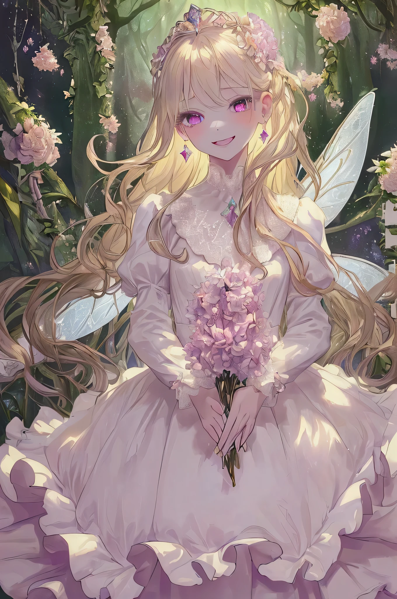 (highest quality, masterpiece, Super detailed, very detailed, exquisite, 16k,Full HD),dramatic lighting, warm lighting, soft lighting, environmental lighting, ((alone:1.5)),From the side,white background,From above,((head shot)),Wake up,large amount of flowers,The entire screen is surrounded by flowers,in the forest,(Crystal Forest),(fairy princess, purple eyes, long eyelashes,white skin,slim,Pale pink lip,pale pink cheeks, blonde,thin and long,(thin and high nose,small nose),(腰の少しFrom above巨大な妖精の羽),diamond tiara,diamond earrings,Diamond Choker,white ball gown dress with diamonds, lace and ruffles,(laughter), (fantasy, romantic atmosphere), magic light,